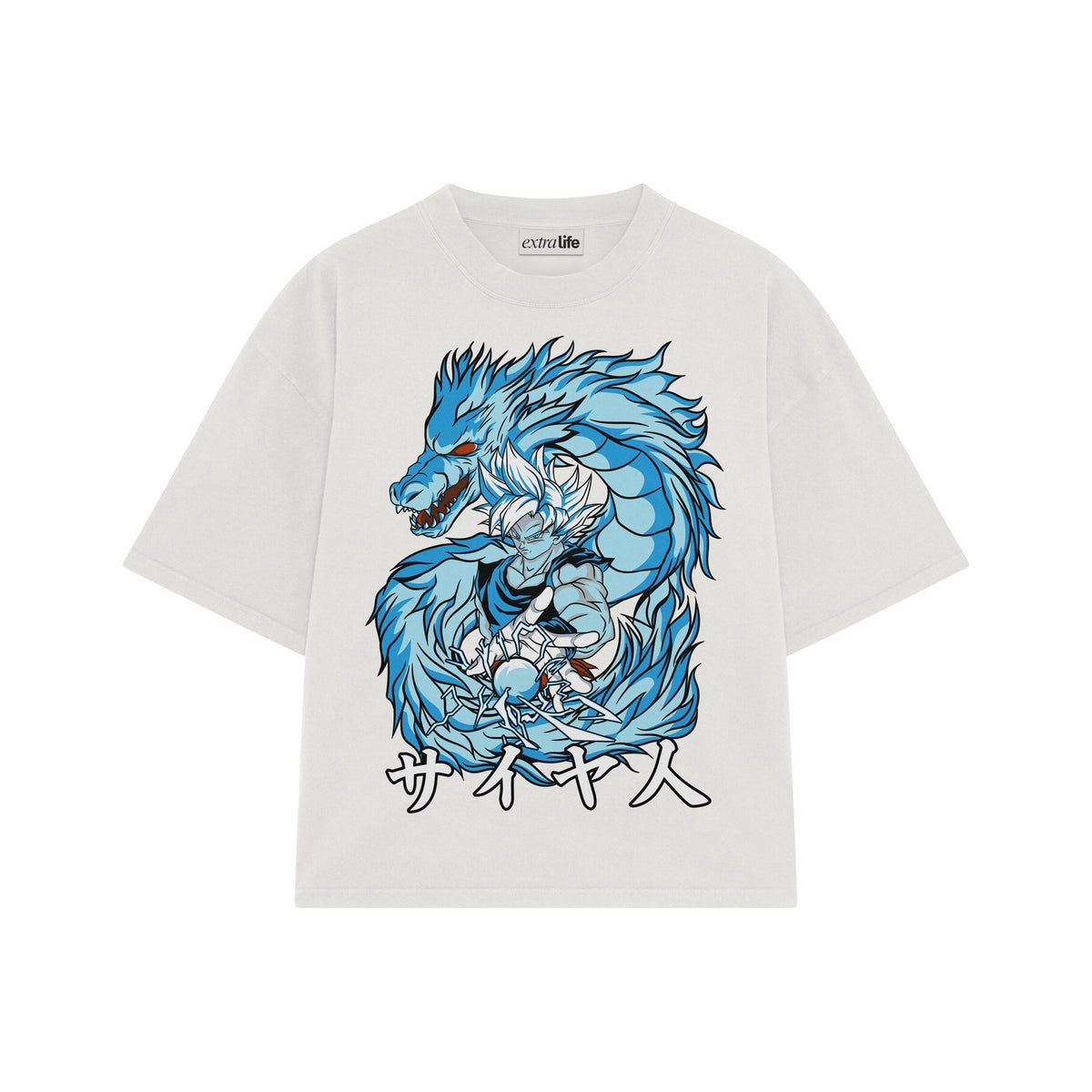 Playera streetwear premium de anime y gaming ExtraLife MX, corte oversized drop shoulder ligero y fresco en color Deep Black y Off-White, moda urbana mexicana de culto.