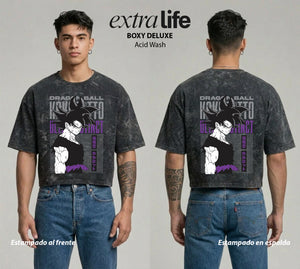 Playera streetwear premium de anime y gaming ExtraLife MX, corte boxy deluxe mineral wash heavyweight en color Acid Wash, moda urbana mexicana de culto.
