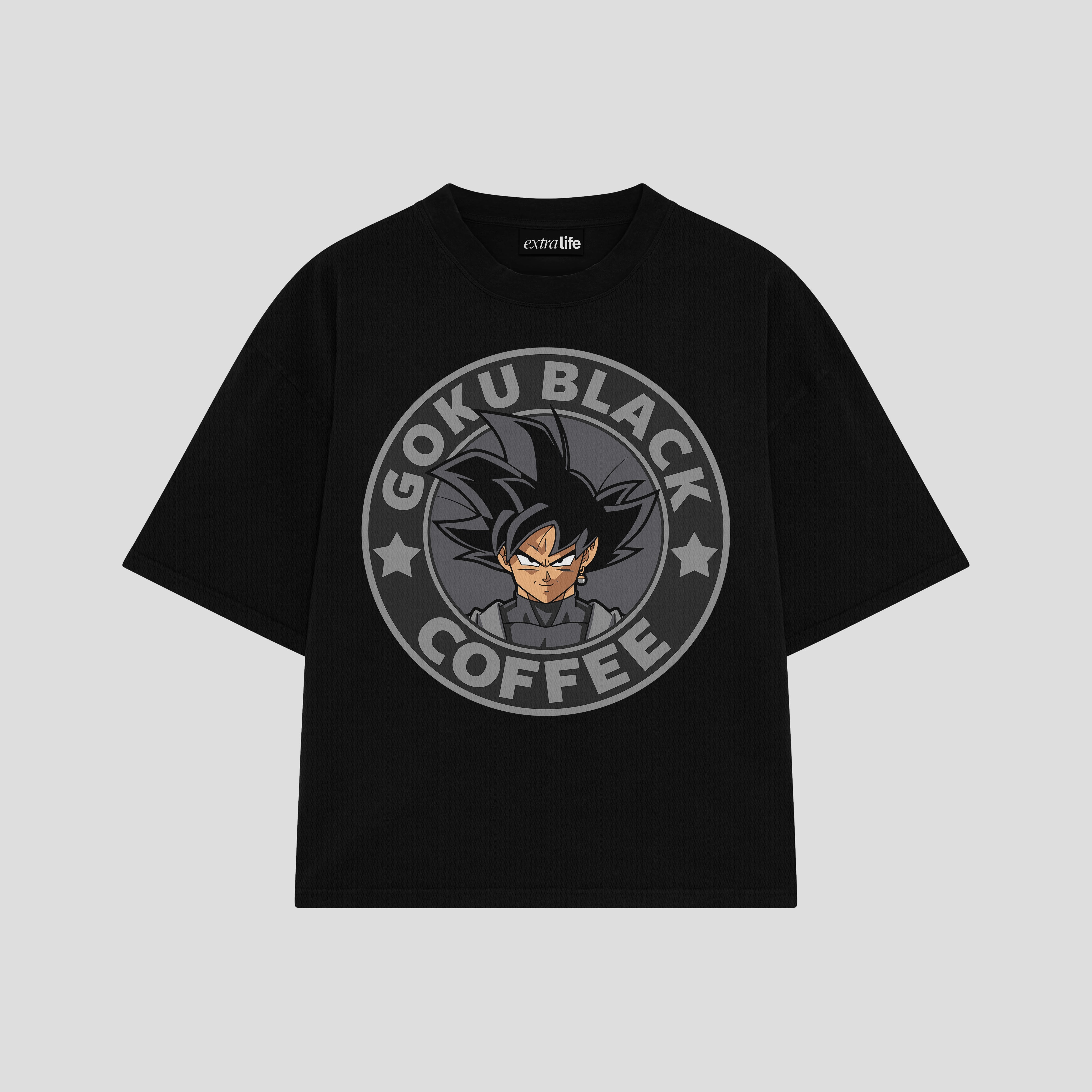 Playera streetwear premium de anime y gaming ExtraLife MX, corte boxy oversized drop shoulder heavyweight en color Deep Black y Off-White, moda urbana mexicana de culto.