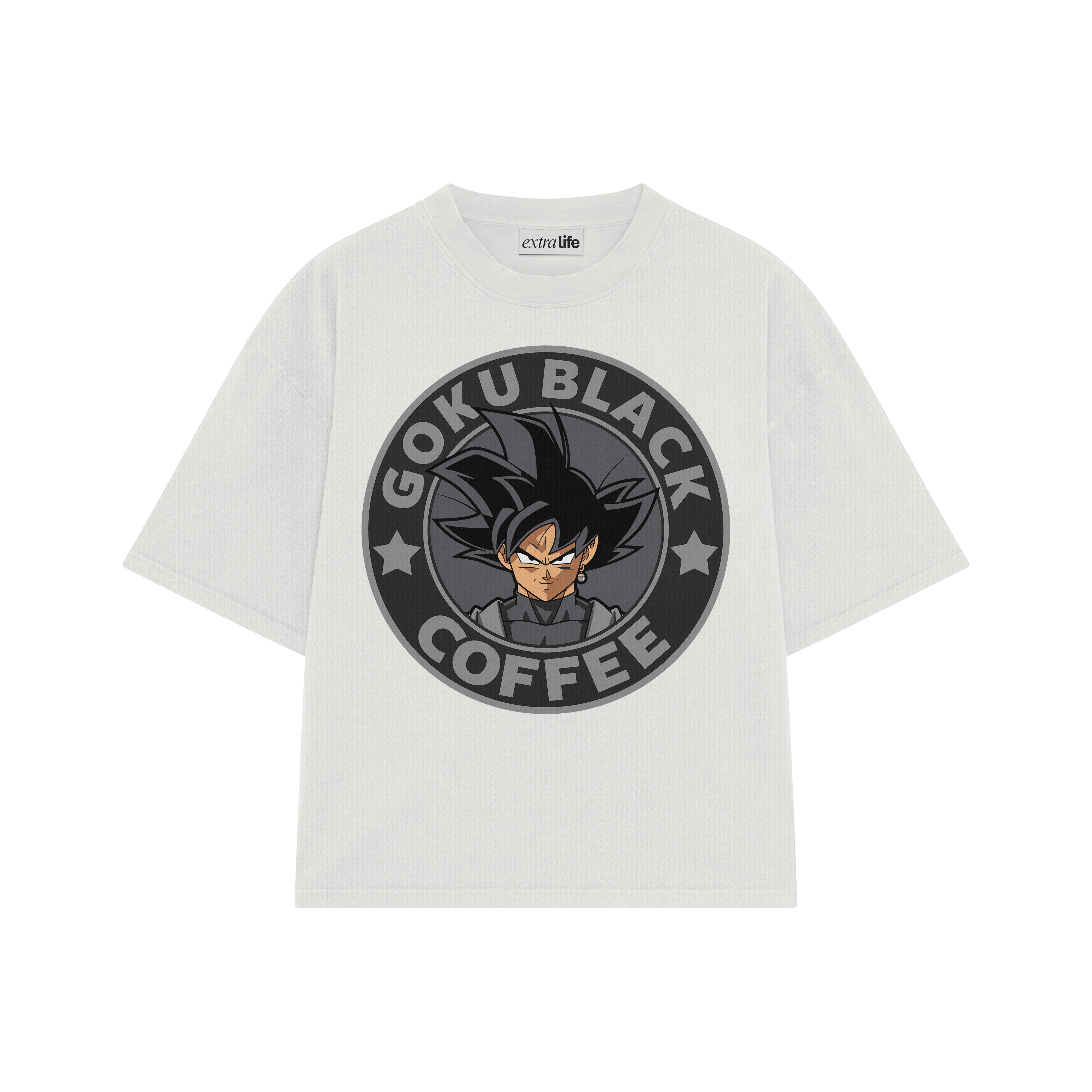 Playera streetwear premium de anime y gaming ExtraLife MX, corte boxy oversized drop shoulder heavyweight en color Deep Black y Off-White, moda urbana mexicana de culto.