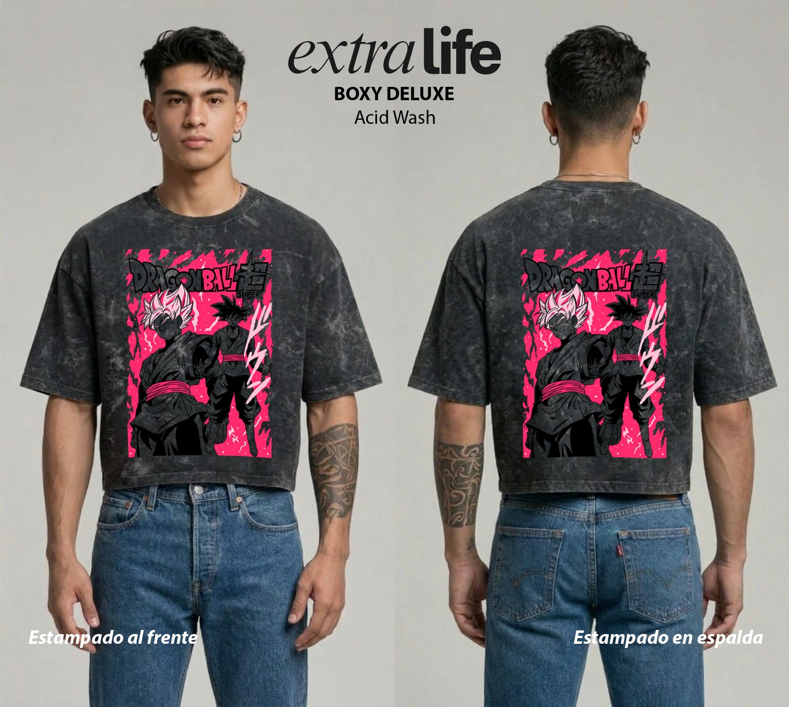 Playera streetwear premium de anime y gaming ExtraLife MX, corte boxy deluxe mineral wash heavyweight en color Acid Wash, moda urbana mexicana de culto.