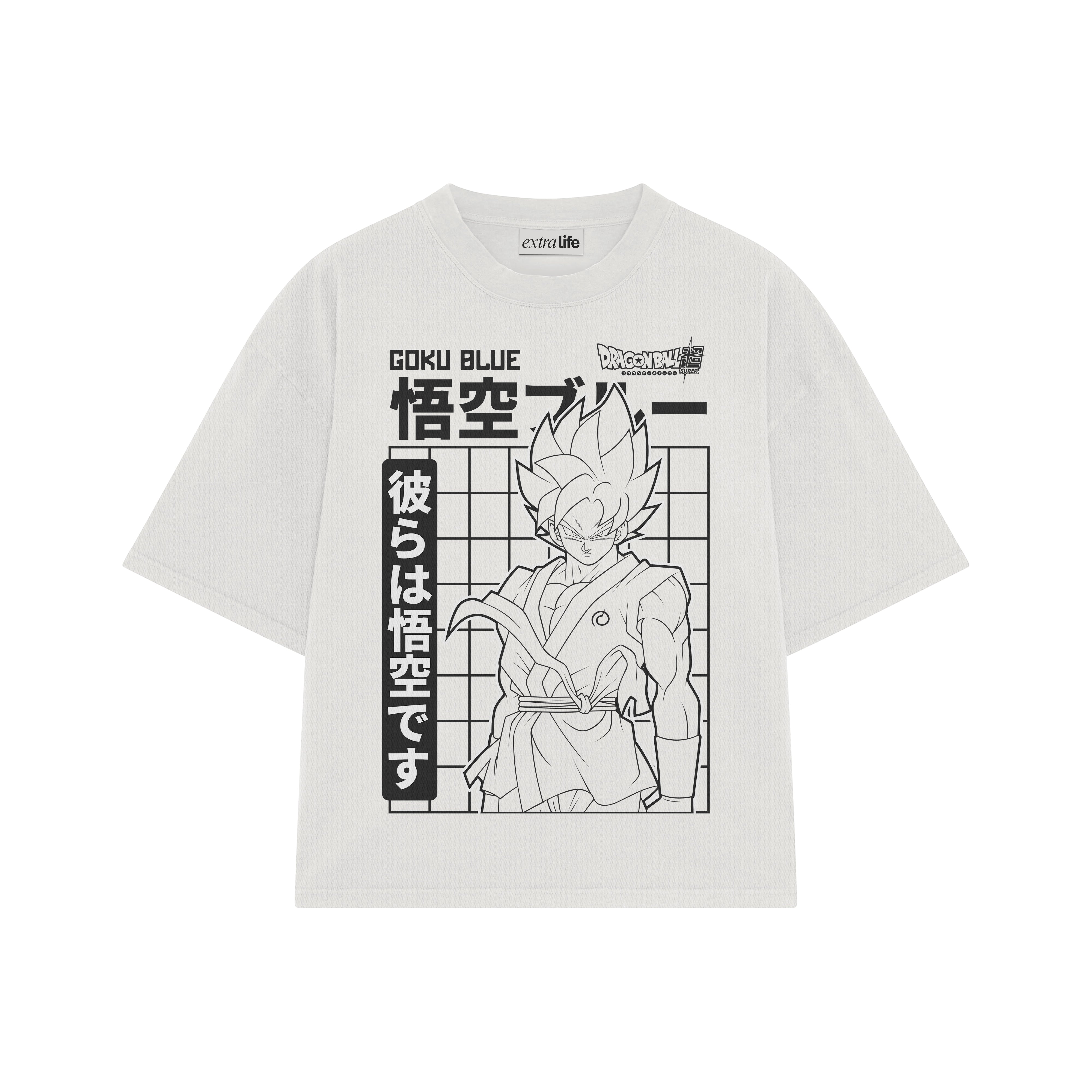 Playera streetwear premium de anime y gaming ExtraLife MX, corte boxy oversized drop shoulder heavyweight en color Deep Black y Off-White, moda urbana mexicana de culto.