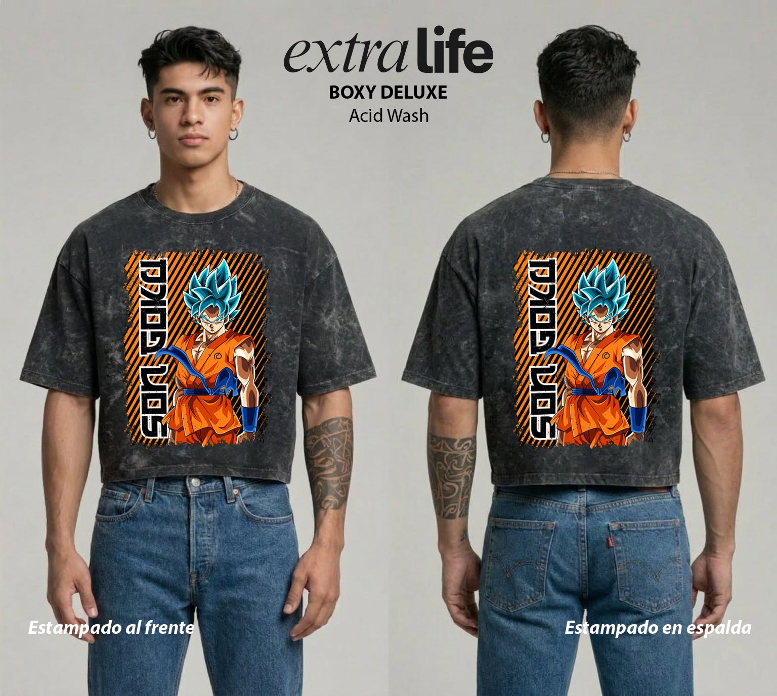 Playera streetwear premium de anime y gaming ExtraLife MX, corte boxy deluxe mineral wash heavyweight en color Acid Wash, moda urbana mexicana de culto.