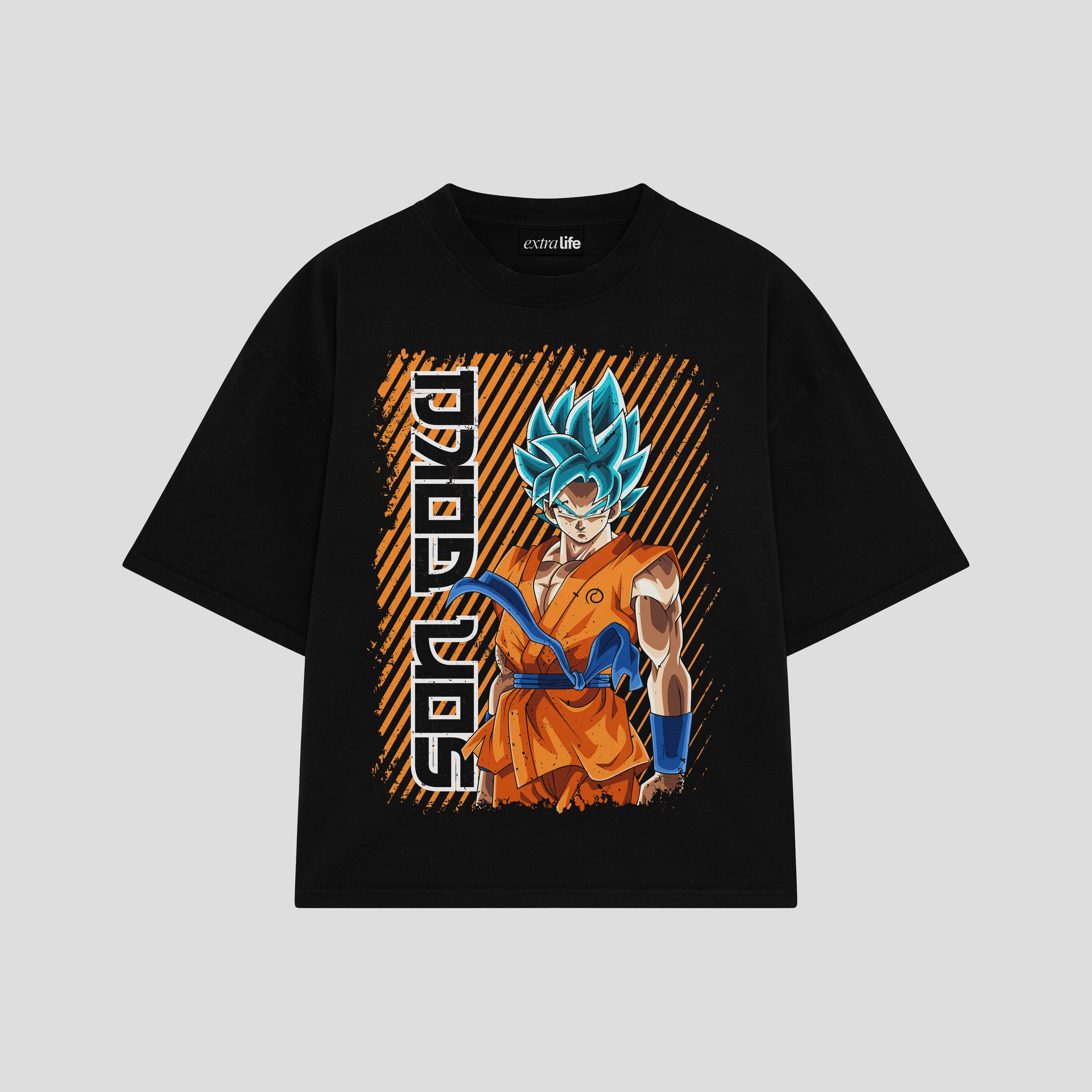 Playera streetwear premium de anime y gaming ExtraLife MX, corte boxy oversized drop shoulder heavyweight en color Deep Black y Off-White, moda urbana mexicana de culto.