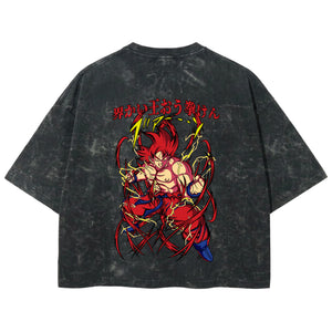 Playera streetwear premium de anime y gaming ExtraLife MX, corte boxy deluxe mineral wash heavyweight en color Acid Wash, moda urbana mexicana de culto.