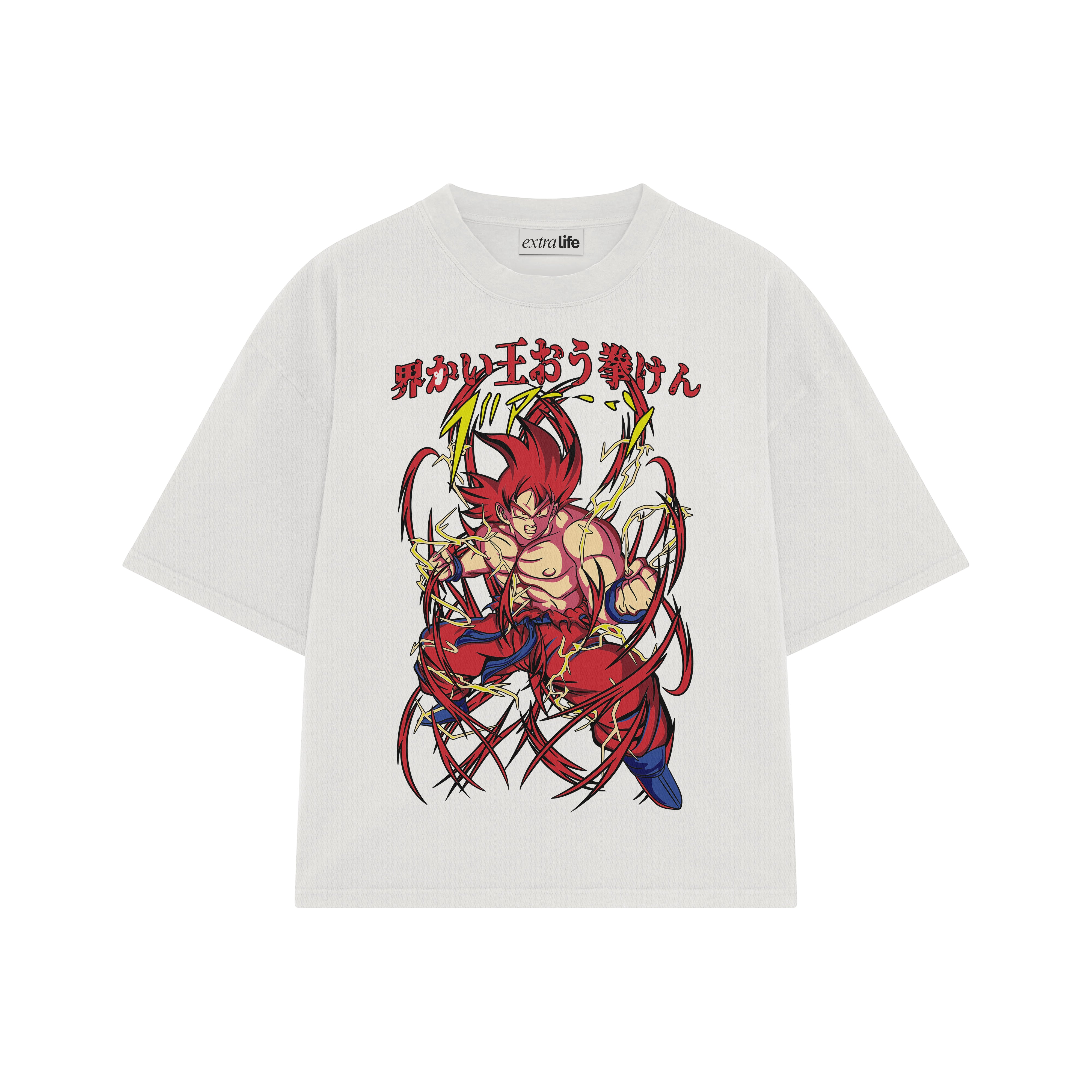 Playera streetwear premium de anime y gaming ExtraLife MX, corte boxy oversized drop shoulder heavyweight en color Deep Black y Off-White, moda urbana mexicana de culto.