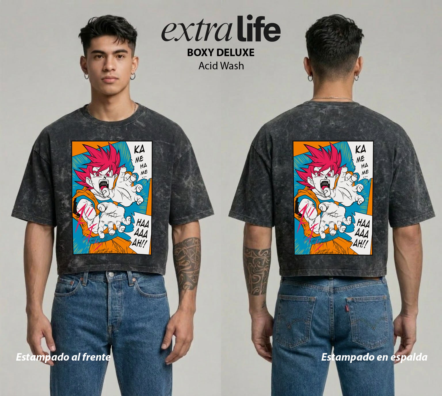 Playera streetwear premium de anime y gaming ExtraLife MX, corte boxy deluxe mineral wash heavyweight en color Acid Wash, moda urbana mexicana de culto.