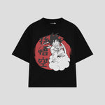 Playera streetwear premium de anime y gaming ExtraLife MX, corte boxy oversized drop shoulder heavyweight en color Deep Black y Off-White, moda urbana mexicana de culto.