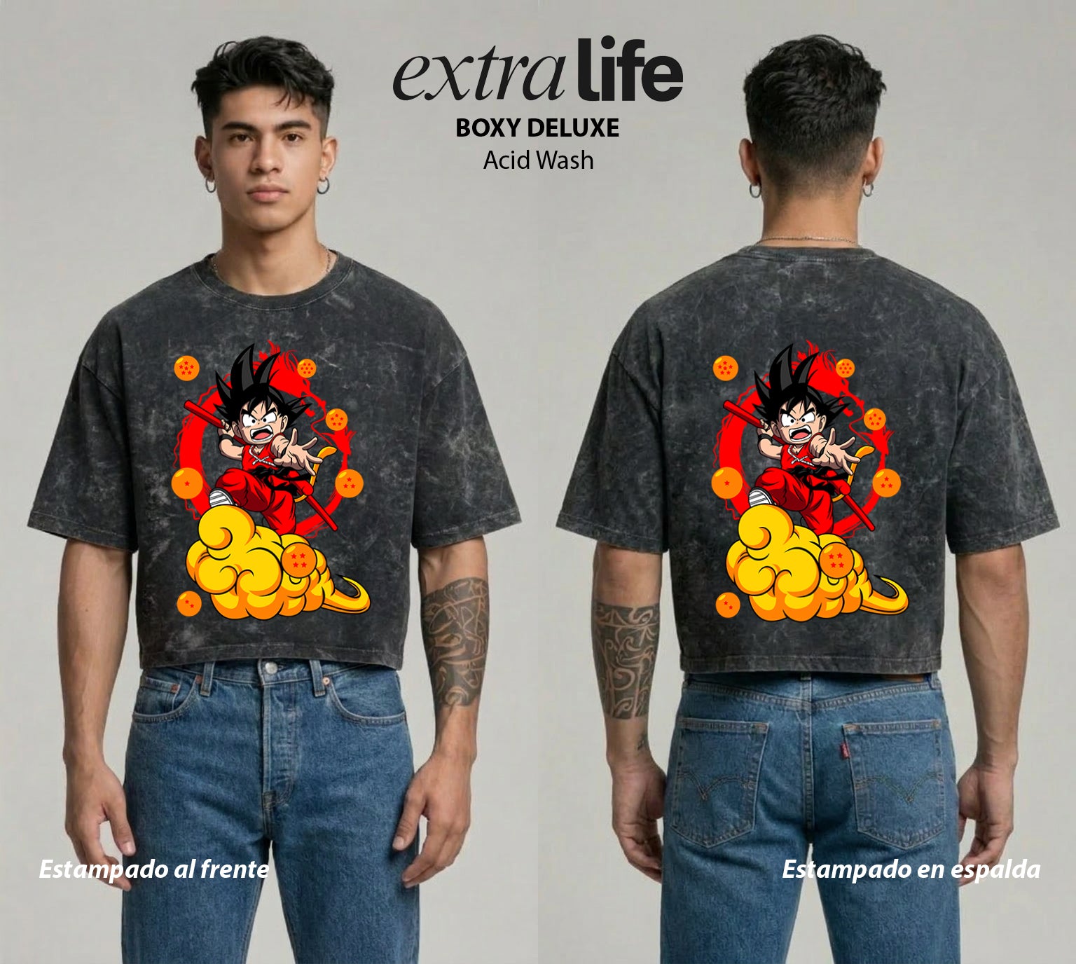 Playera streetwear premium de anime y gaming ExtraLife MX, corte boxy deluxe mineral wash heavyweight en color Acid Wash, moda urbana mexicana de culto.