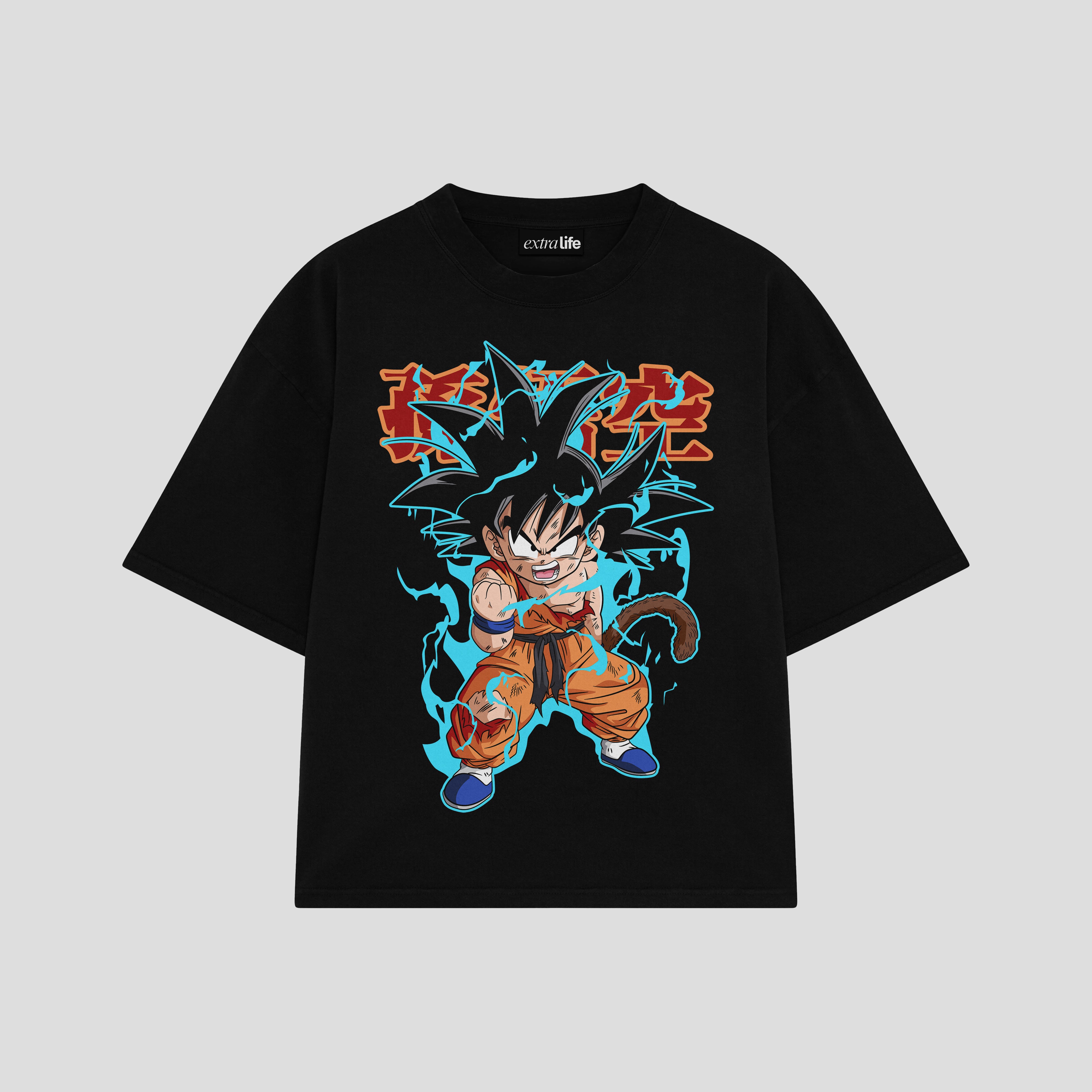 Playera streetwear premium de anime y gaming ExtraLife MX, corte boxy oversized drop shoulder heavyweight en color Deep Black y Off-White, moda urbana mexicana de culto.