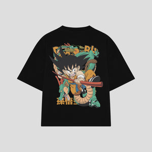 Playera streetwear premium de anime y gaming ExtraLife MX, corte boxy oversized drop shoulder heavyweight en color Deep Black y Off-White, moda urbana mexicana de culto.