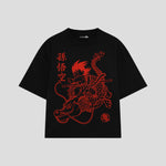 Playera streetwear premium de anime y gaming ExtraLife MX, corte boxy oversized drop shoulder heavyweight en color Deep Black y Off-White, moda urbana mexicana de culto.