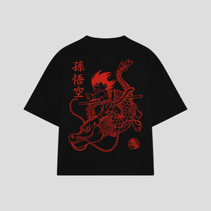 Playera streetwear premium de anime y gaming ExtraLife MX, corte boxy oversized drop shoulder heavyweight en color Deep Black y Off-White, moda urbana mexicana de culto.