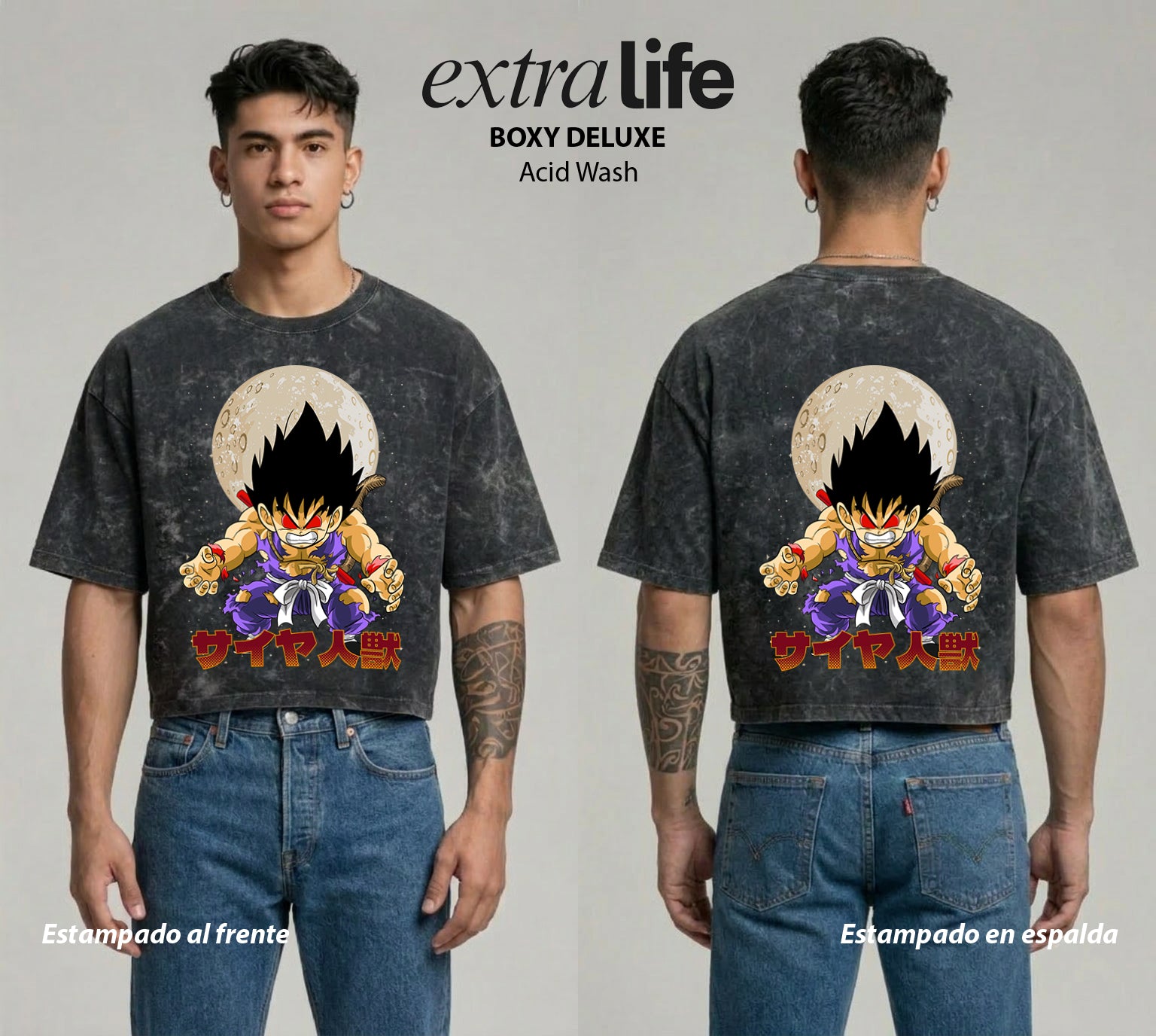 Playera streetwear premium de anime y gaming ExtraLife MX, corte boxy deluxe mineral wash heavyweight en color Acid Wash, moda urbana mexicana de culto.