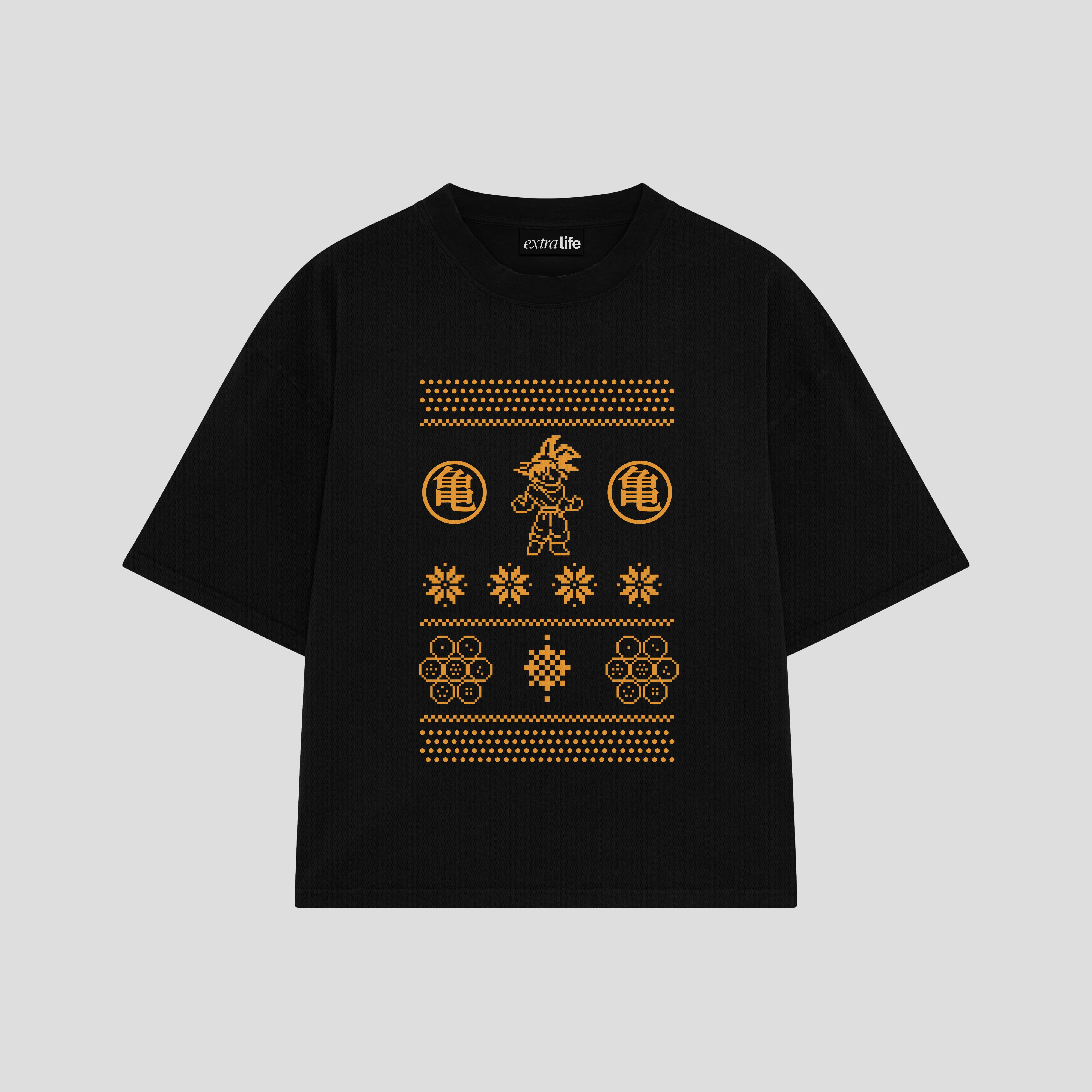 Playera streetwear premium de anime y gaming ExtraLife MX, corte boxy oversized drop shoulder heavyweight en color Deep Black y Off-White, moda urbana mexicana de culto.