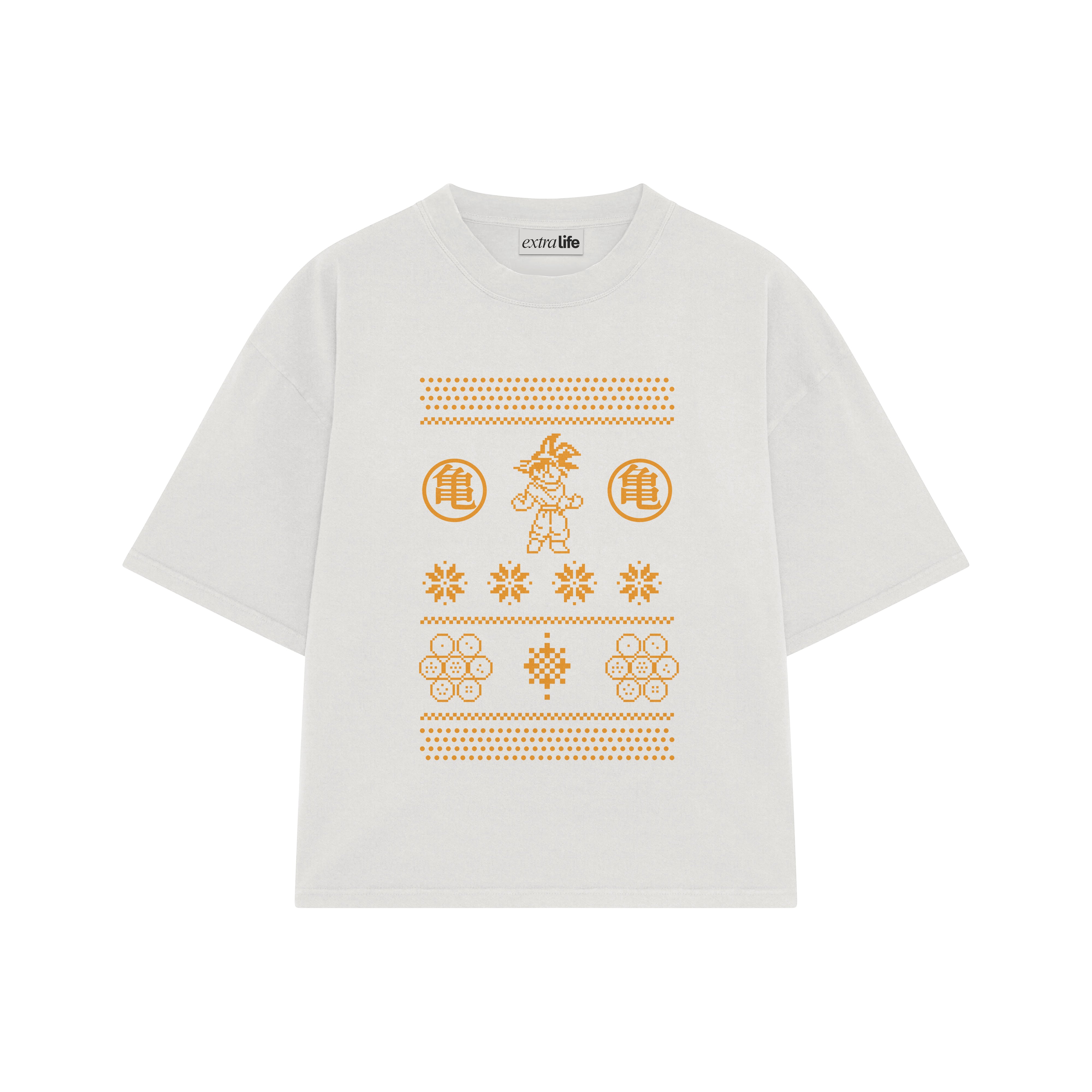 Playera streetwear premium de anime y gaming ExtraLife MX, corte boxy oversized drop shoulder heavyweight en color Deep Black y Off-White, moda urbana mexicana de culto.