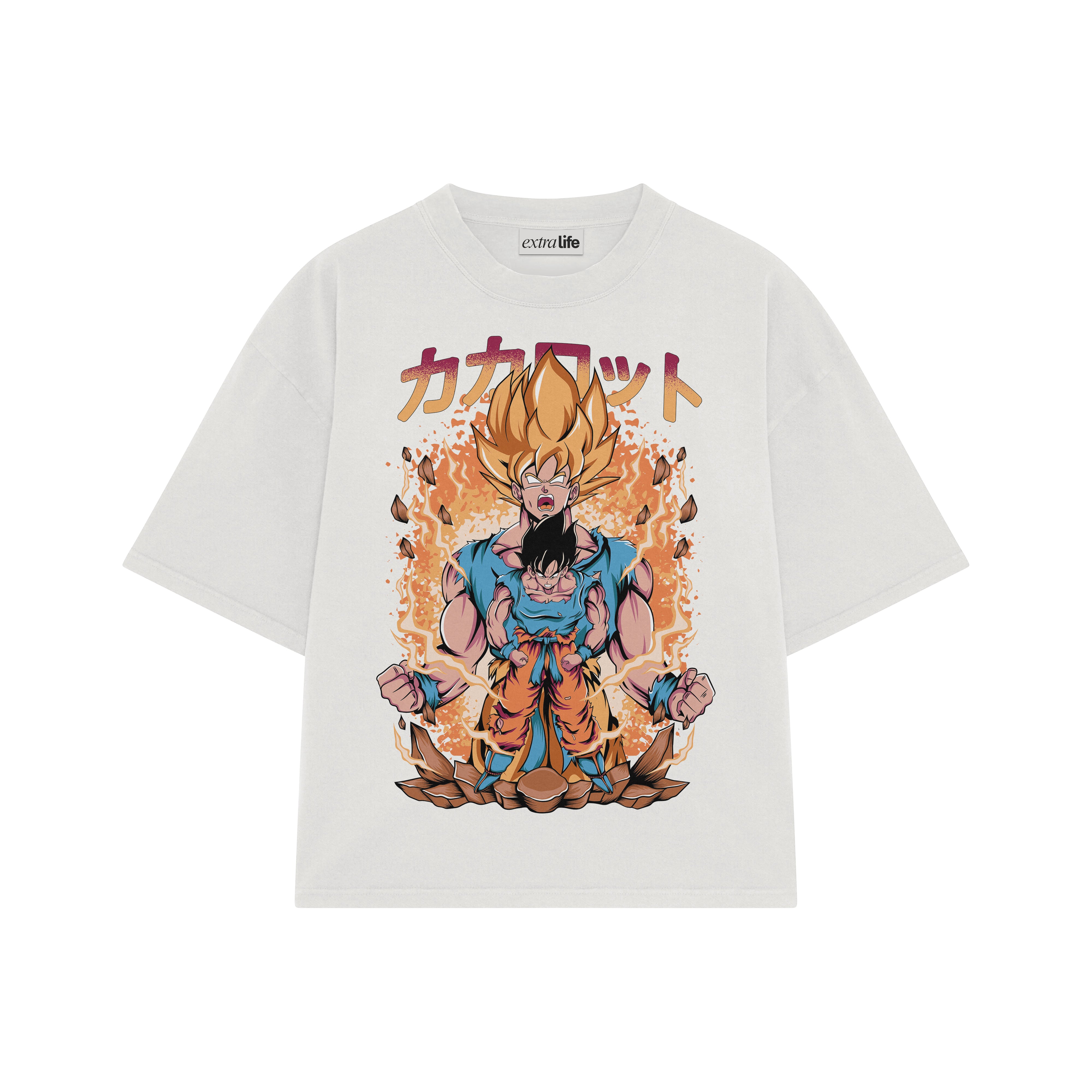 Playera streetwear premium de anime y gaming ExtraLife MX, corte boxy oversized drop shoulder heavyweight en color Deep Black y Off-White, moda urbana mexicana de culto.