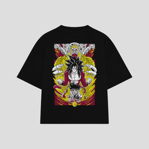 Playera streetwear premium de anime y gaming ExtraLife MX, corte boxy oversized drop shoulder heavyweight en color Deep Black y Off-White, moda urbana mexicana de culto.