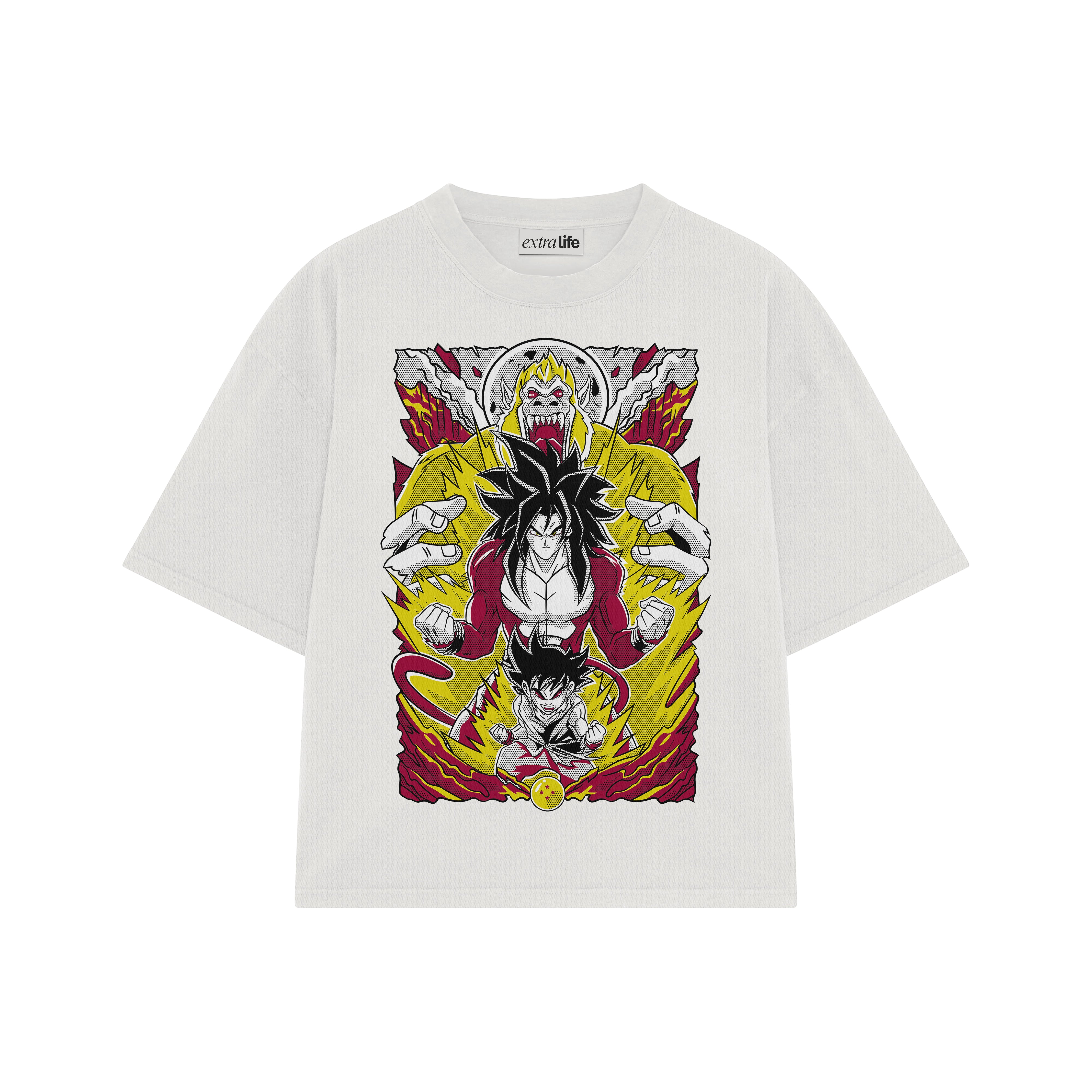 Playera streetwear premium de anime y gaming ExtraLife MX, corte boxy oversized drop shoulder heavyweight en color Deep Black y Off-White, moda urbana mexicana de culto.