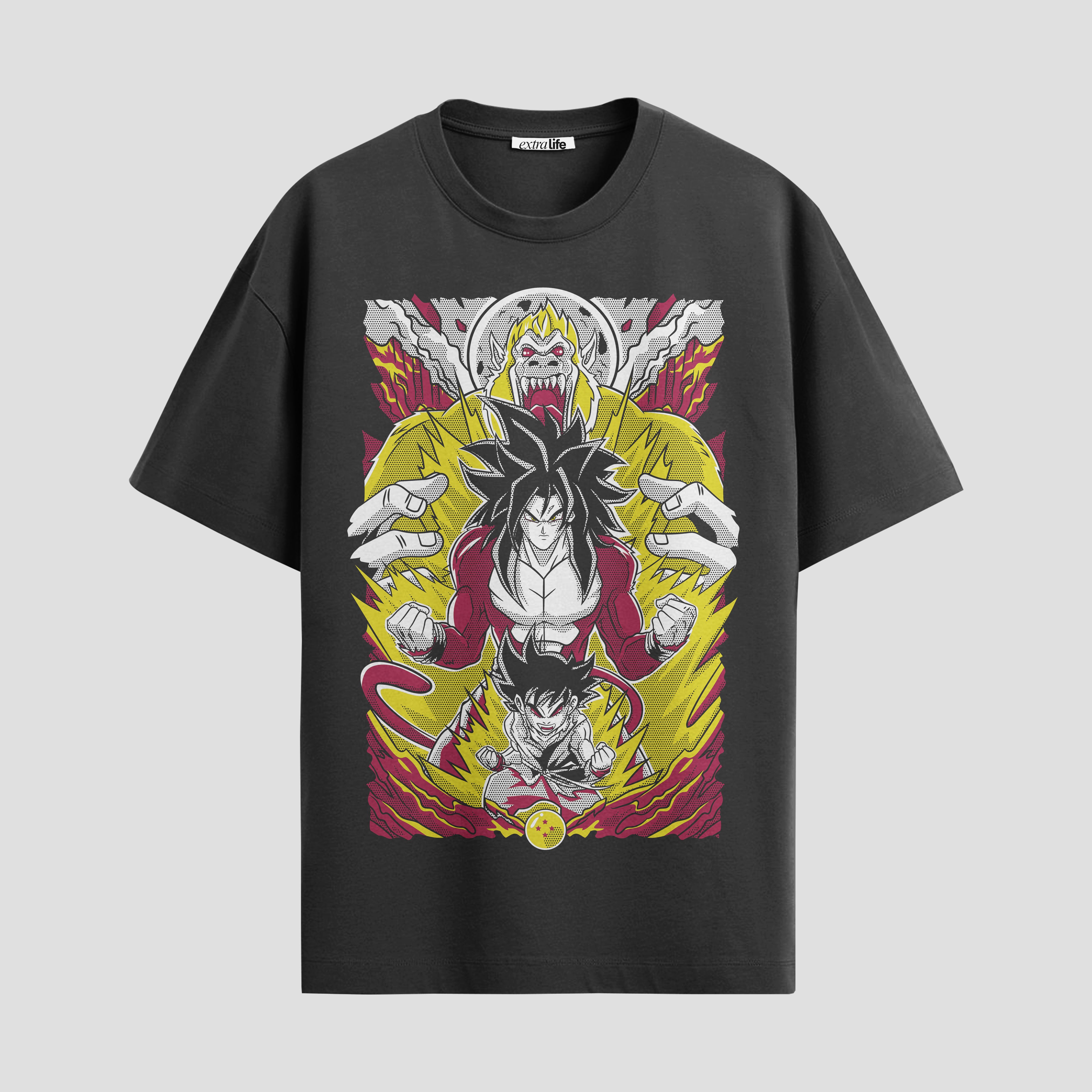 Playera urbana de anime y gaming ExtraLife MX, corte Standard Fit unisex ligero y transpirable en color Deep Black y Pure White, ropa de uso diario para gym y casual.