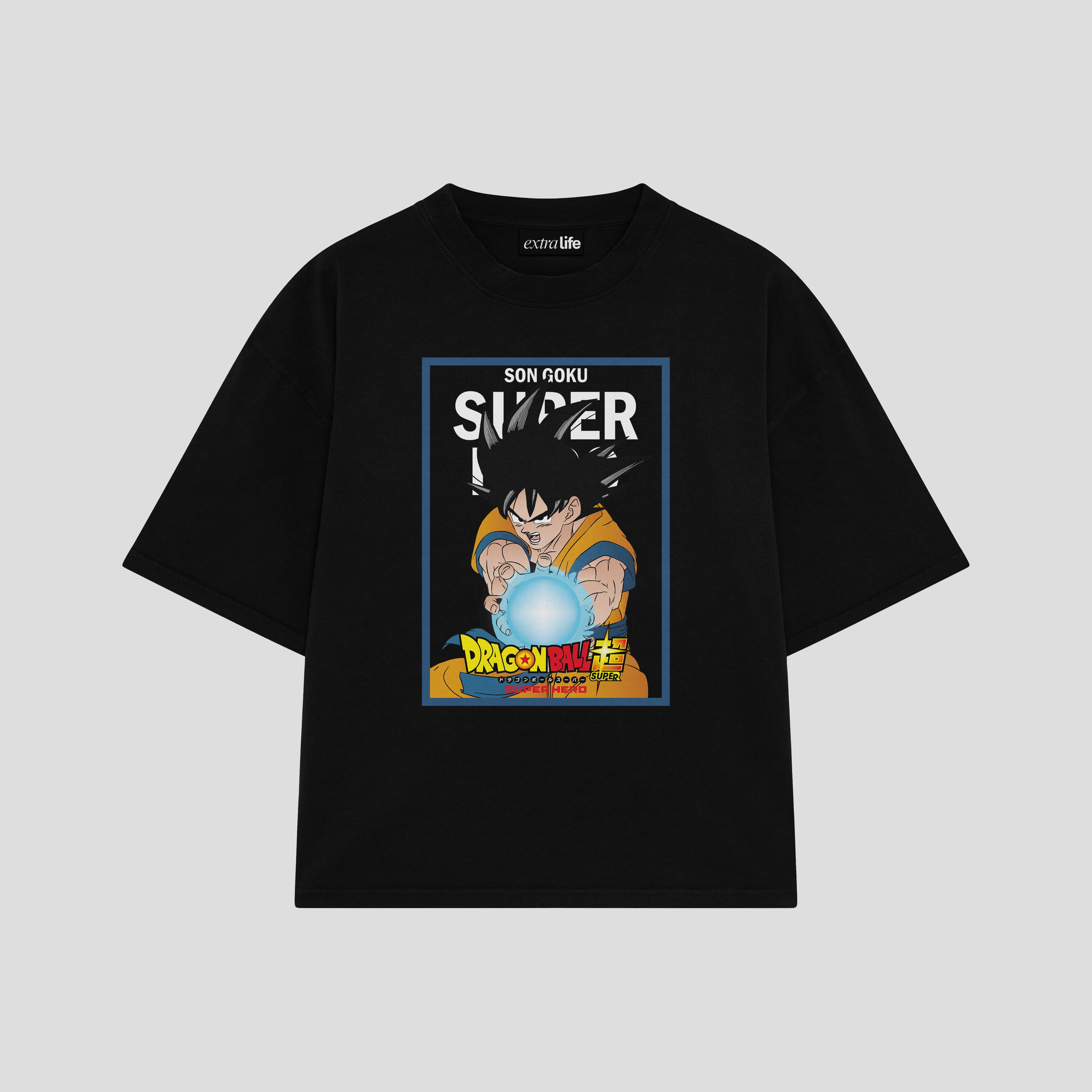 Playera streetwear premium de anime y gaming ExtraLife MX, corte boxy oversized drop shoulder heavyweight en color Deep Black y Off-White, moda urbana mexicana de culto.