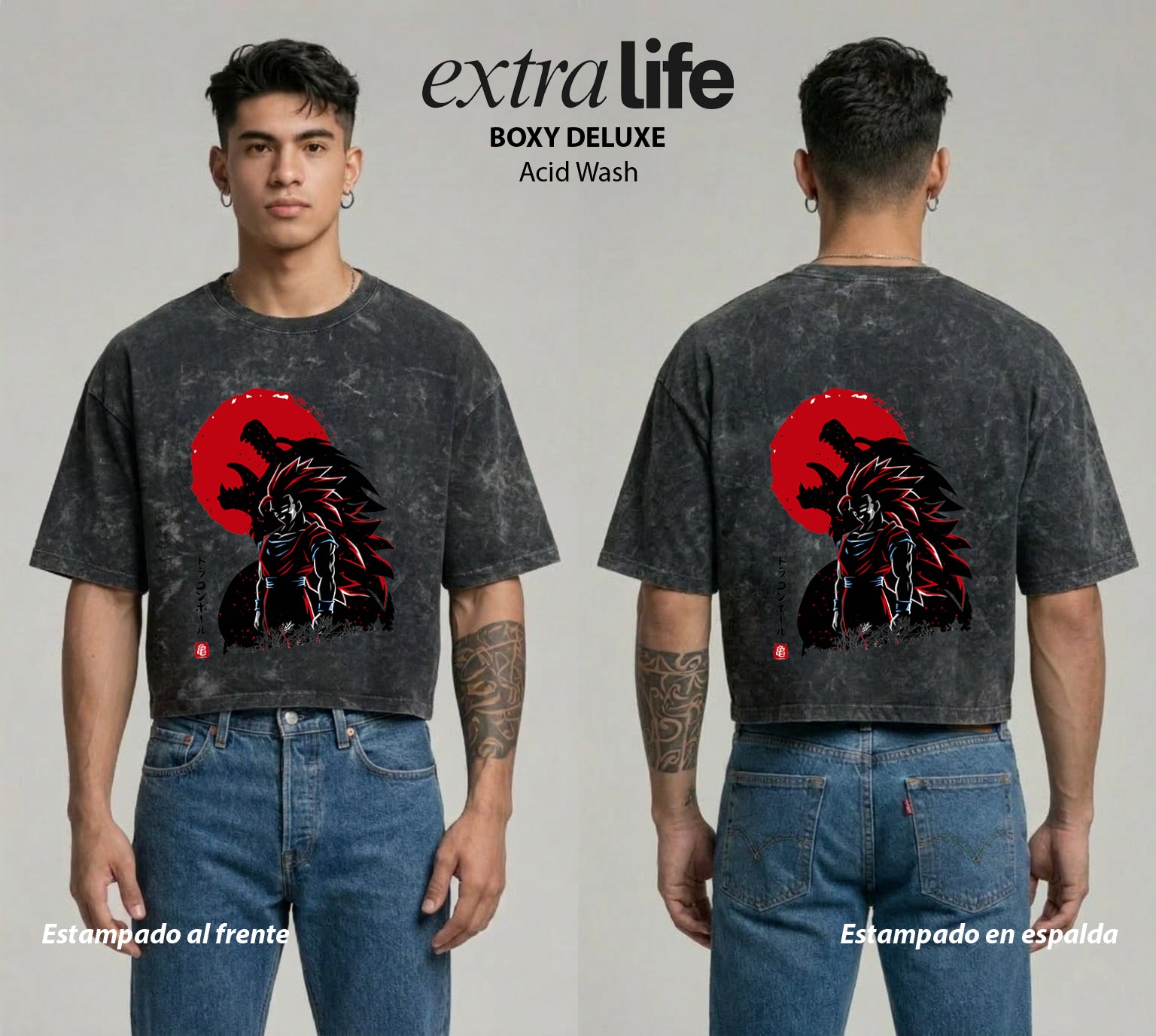 Playera streetwear premium de anime y gaming ExtraLife MX, corte boxy deluxe mineral wash heavyweight en color Acid Wash, moda urbana mexicana de culto.