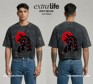 Playera streetwear premium de anime y gaming ExtraLife MX, corte boxy deluxe mineral wash heavyweight en color Acid Wash, moda urbana mexicana de culto.