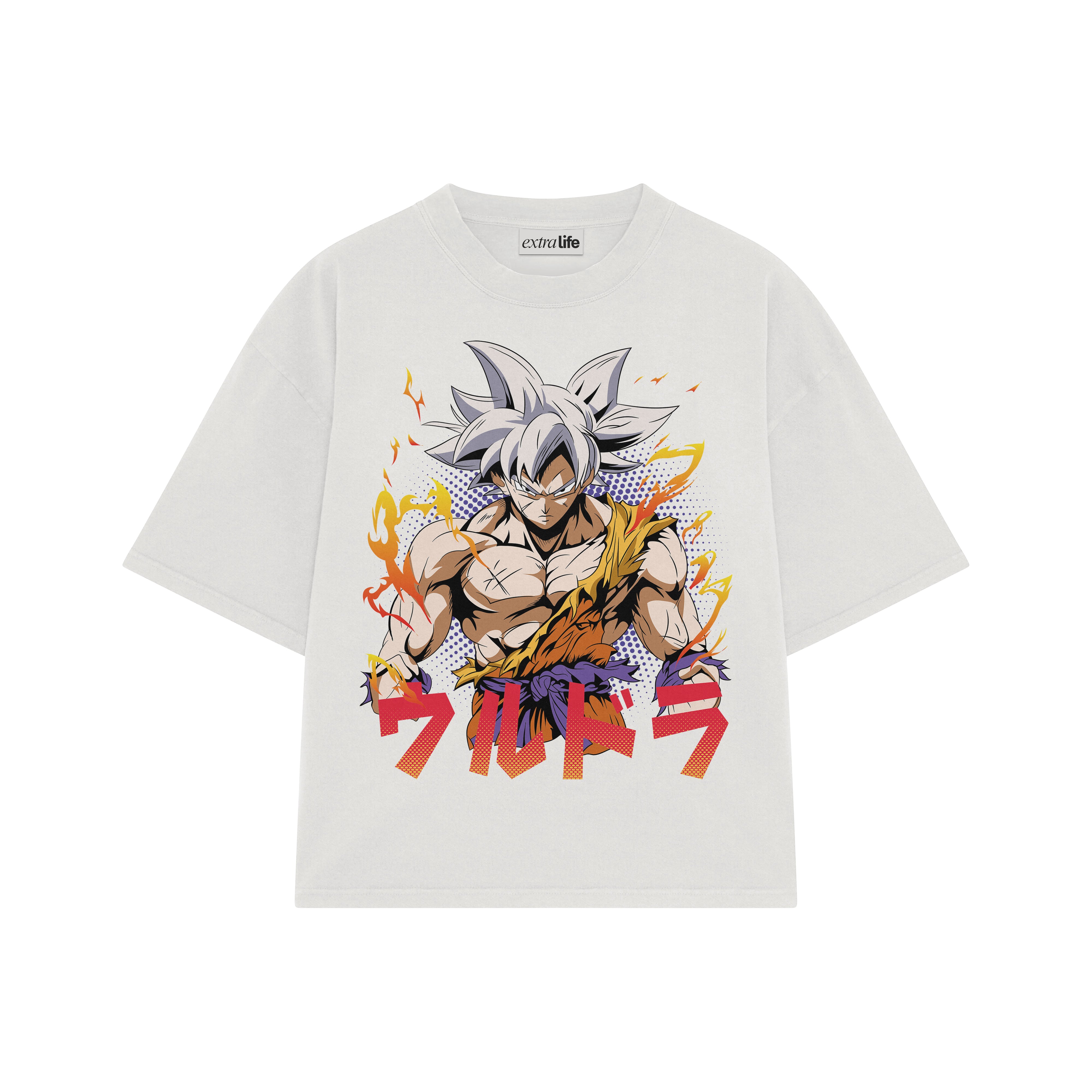 Playera streetwear premium de anime y gaming ExtraLife MX, corte boxy oversized drop shoulder heavyweight en color Deep Black y Off-White, moda urbana mexicana de culto.