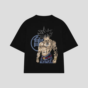 Playera streetwear premium de anime y gaming ExtraLife MX, corte boxy oversized drop shoulder heavyweight en color Deep Black y Off-White, moda urbana mexicana de culto.