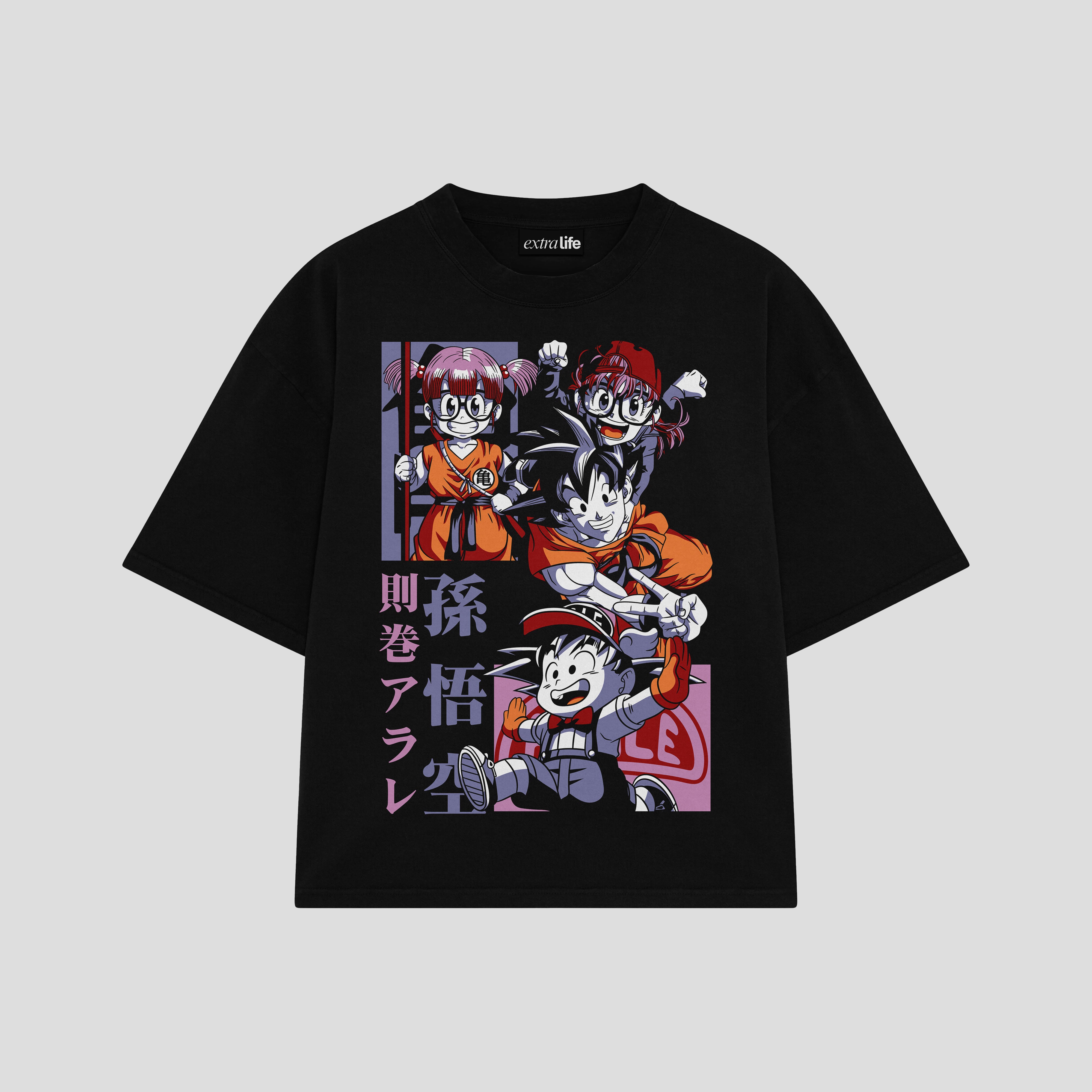 Playera streetwear premium de anime y gaming ExtraLife MX, corte boxy oversized drop shoulder heavyweight en color Deep Black y Off-White, moda urbana mexicana de culto.