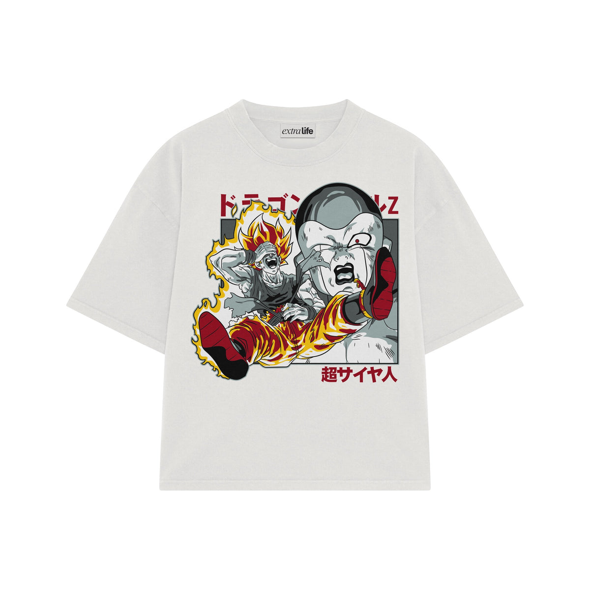 Playera streetwear premium de anime y gaming ExtraLife MX, corte oversized drop shoulder ligero y fresco en color Deep Black y Off-White, moda urbana mexicana de culto.