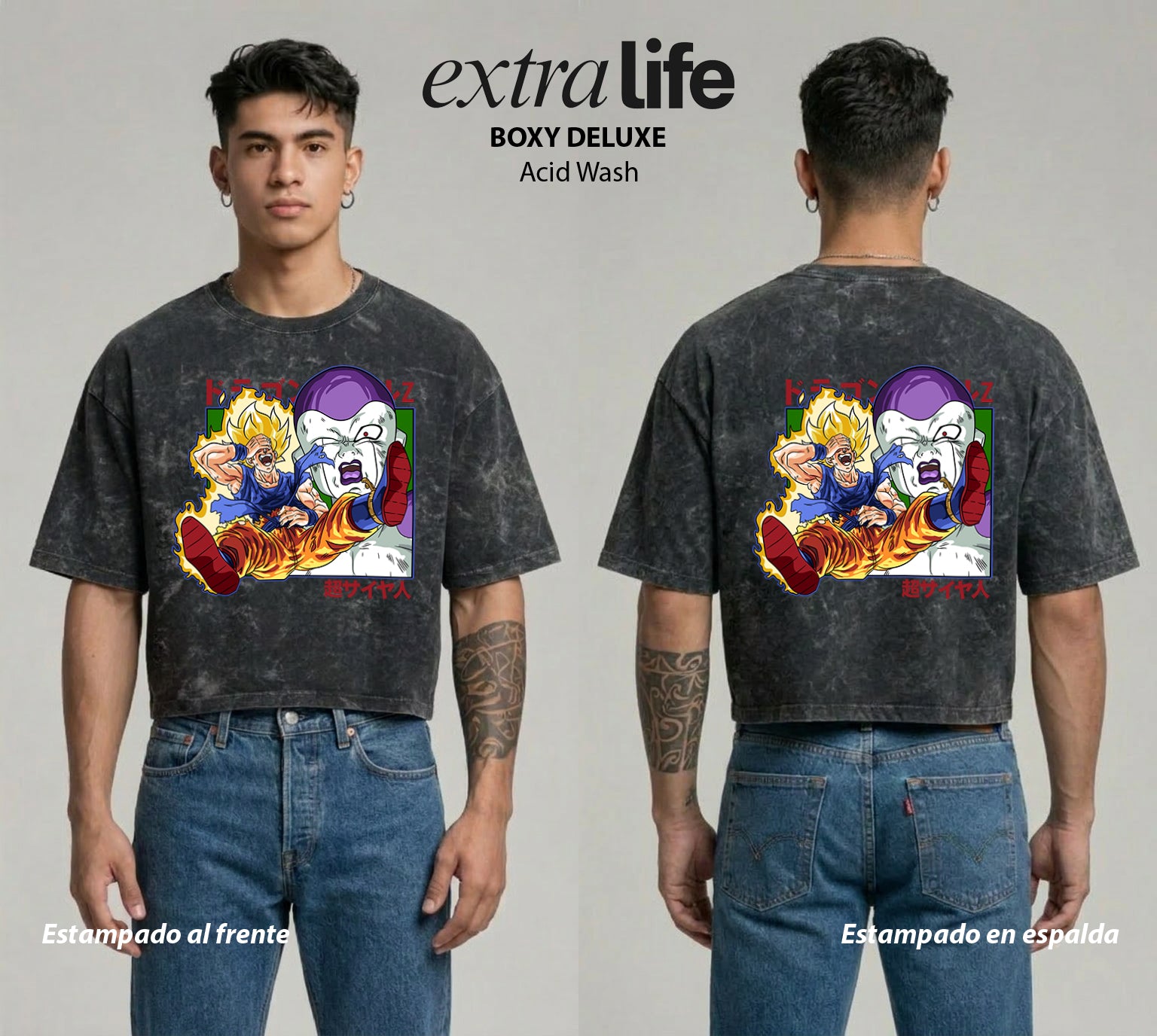 Playera streetwear premium de anime y gaming ExtraLife MX, corte boxy deluxe mineral wash heavyweight en color Acid Wash, moda urbana mexicana de culto.