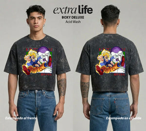 Playera streetwear premium de anime y gaming ExtraLife MX, corte boxy deluxe mineral wash heavyweight en color Acid Wash, moda urbana mexicana de culto.