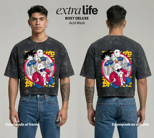 Playera streetwear premium de anime y gaming ExtraLife MX, corte boxy deluxe mineral wash heavyweight en color Acid Wash, moda urbana mexicana de culto.