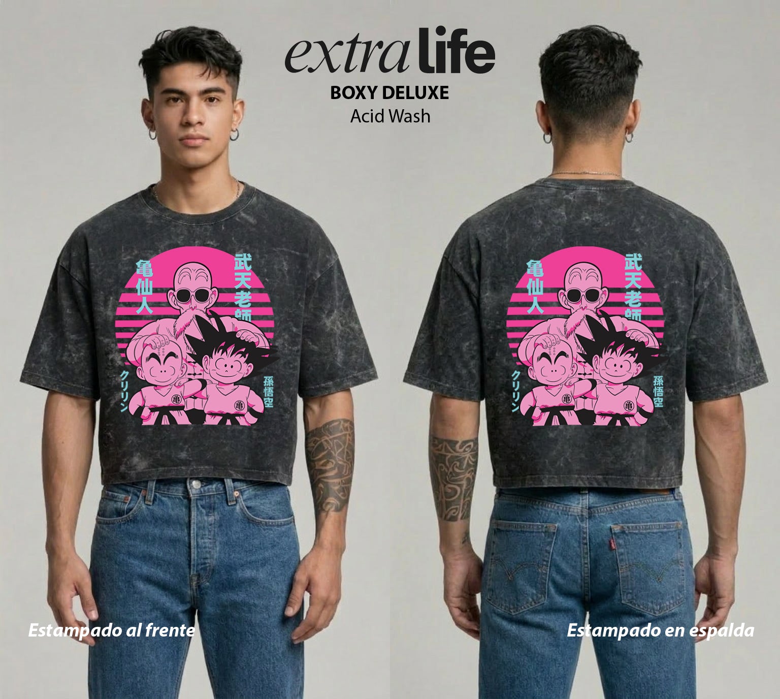 Playera streetwear premium de anime y gaming ExtraLife MX, corte boxy deluxe mineral wash heavyweight en color Acid Wash, moda urbana mexicana de culto.