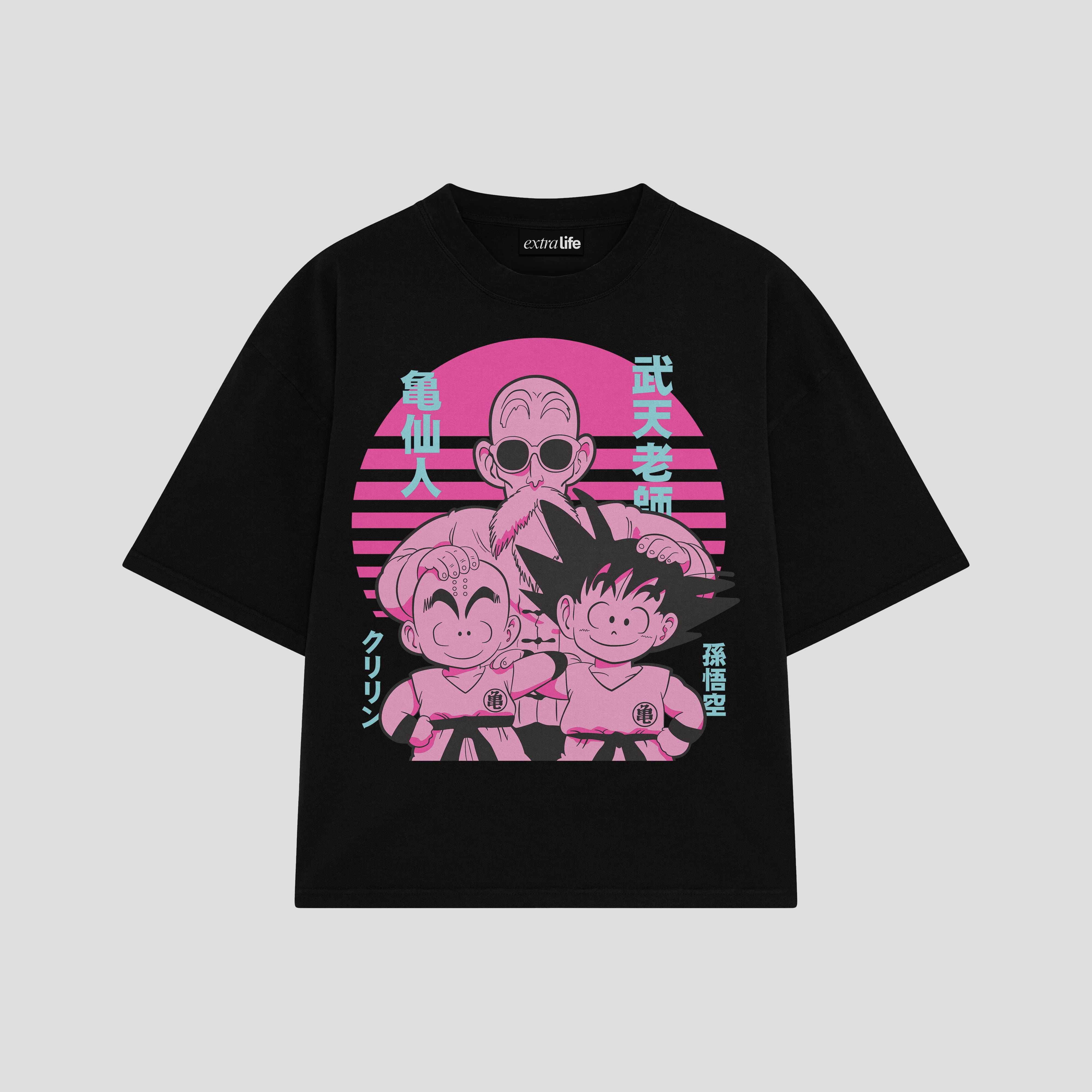 Playera streetwear premium de anime y gaming ExtraLife MX, corte boxy oversized drop shoulder heavyweight en color Deep Black y Off-White, moda urbana mexicana de culto.