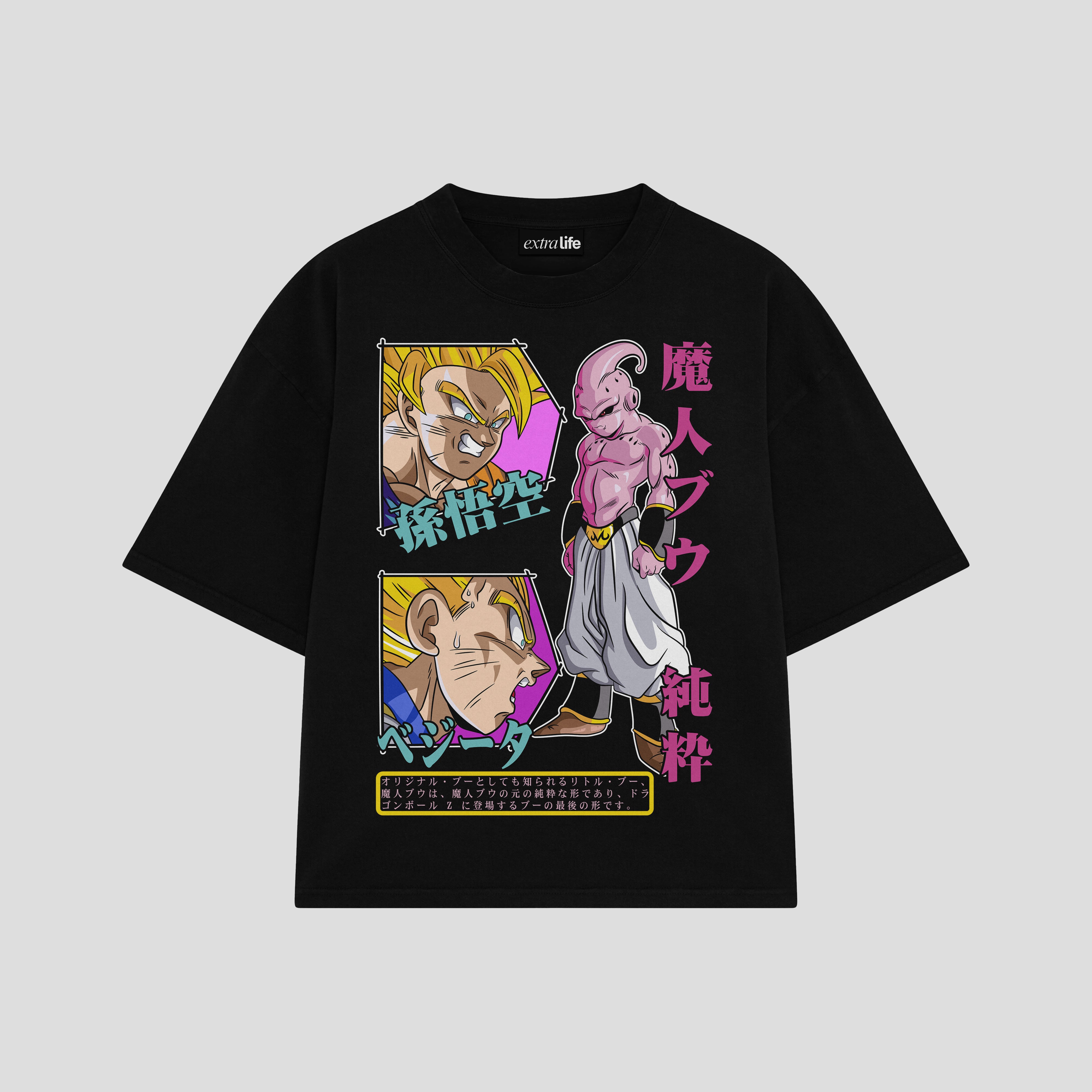 Playera streetwear premium de anime y gaming ExtraLife MX, corte boxy oversized drop shoulder heavyweight en color Deep Black y Off-White, moda urbana mexicana de culto.