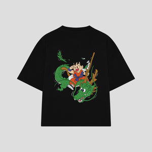 Playera streetwear premium de anime y gaming ExtraLife MX, corte boxy oversized drop shoulder heavyweight en color Deep Black y Off-White, moda urbana mexicana de culto.
