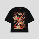 Playera streetwear premium de anime y gaming ExtraLife MX, corte boxy oversized drop shoulder heavyweight en color Deep Black y Off-White, moda urbana mexicana de culto.
