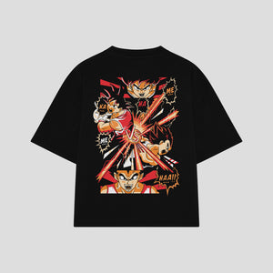 Playera streetwear premium de anime y gaming ExtraLife MX, corte boxy oversized drop shoulder heavyweight en color Deep Black y Off-White, moda urbana mexicana de culto.
