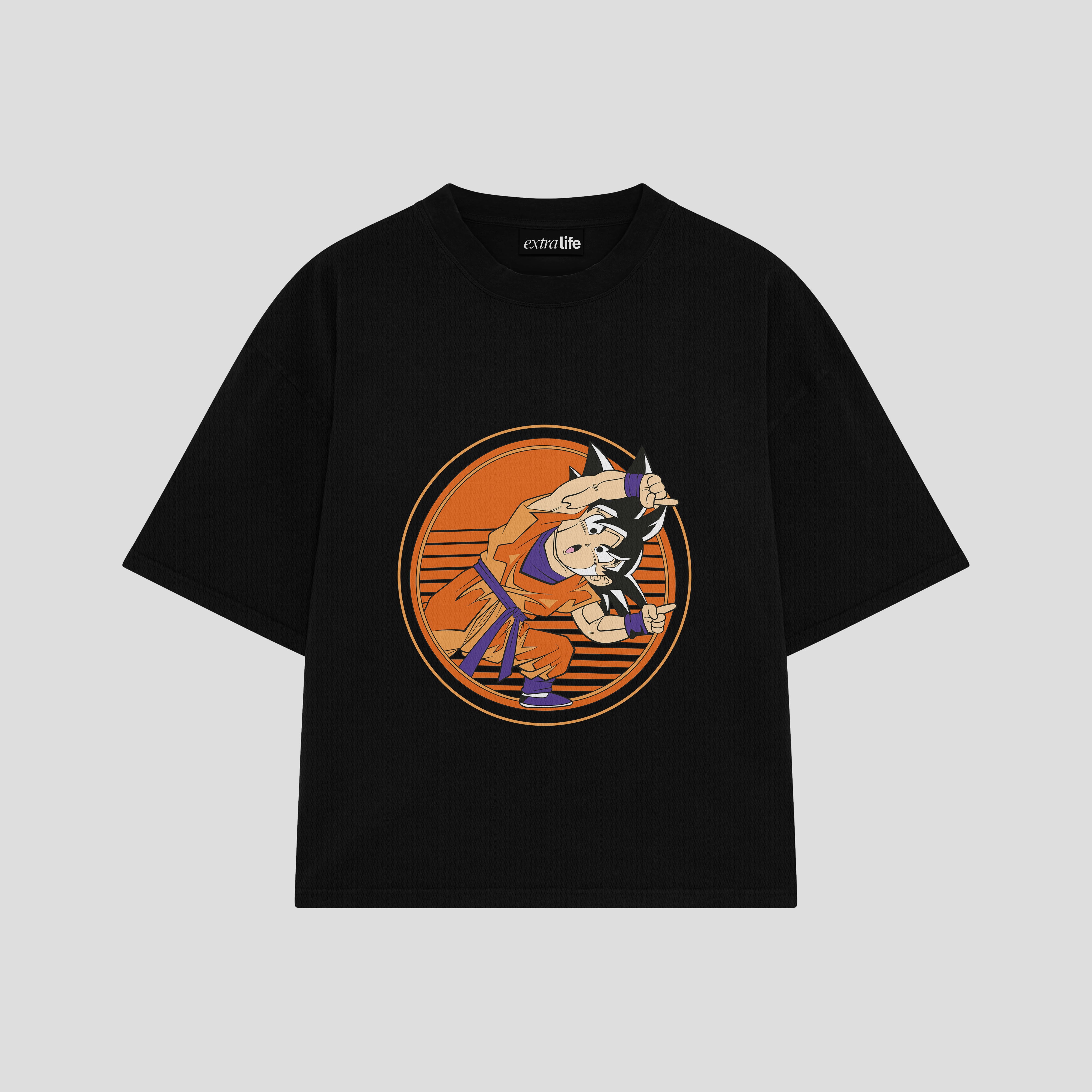 Playera streetwear premium de anime y gaming ExtraLife MX, corte boxy oversized drop shoulder heavyweight en color Deep Black y Off-White, moda urbana mexicana de culto.