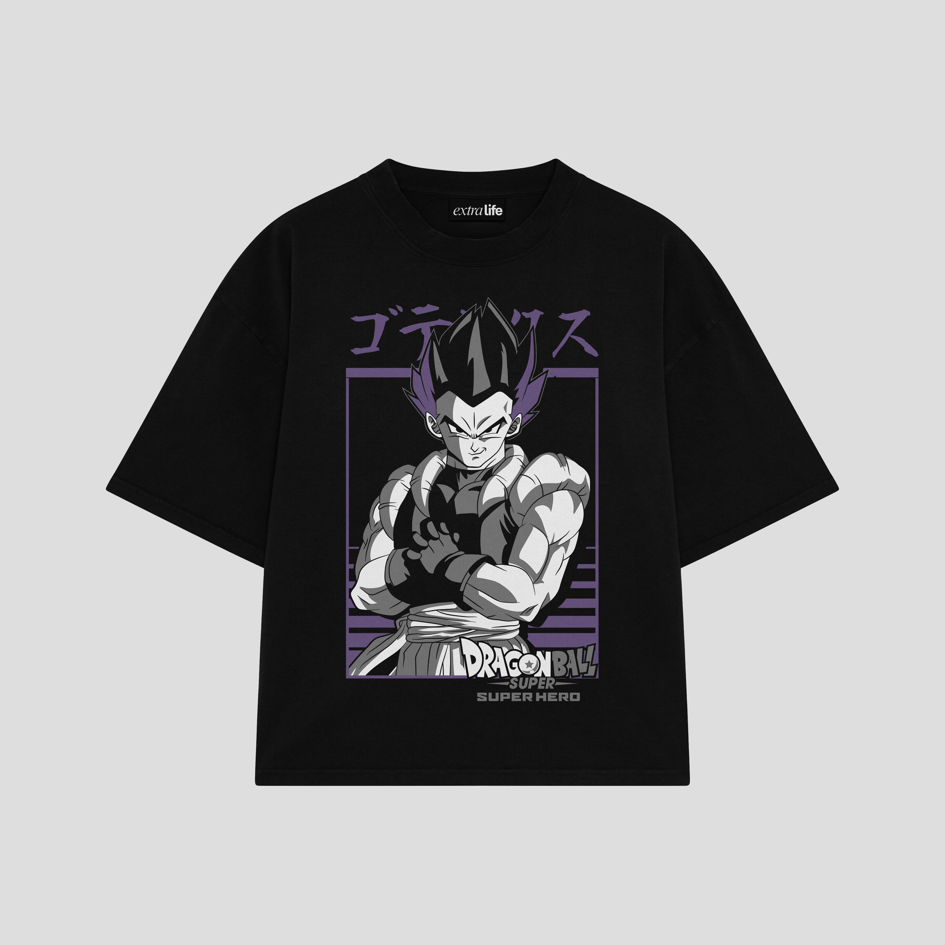 Playera streetwear premium de anime y gaming ExtraLife MX, corte boxy oversized drop shoulder heavyweight en color Deep Black y Off-White, moda urbana mexicana de culto.