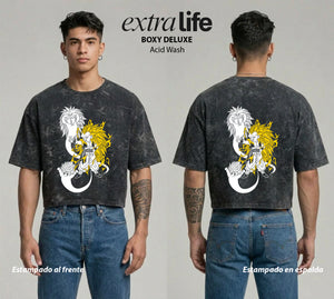Playera streetwear premium de anime y gaming ExtraLife MX, corte boxy deluxe mineral wash heavyweight en color Acid Wash, moda urbana mexicana de culto.