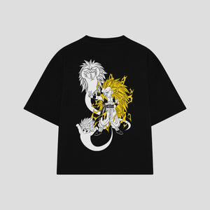 Playera streetwear premium de anime y gaming ExtraLife MX, corte boxy oversized drop shoulder heavyweight en color Deep Black y Off-White, moda urbana mexicana de culto.