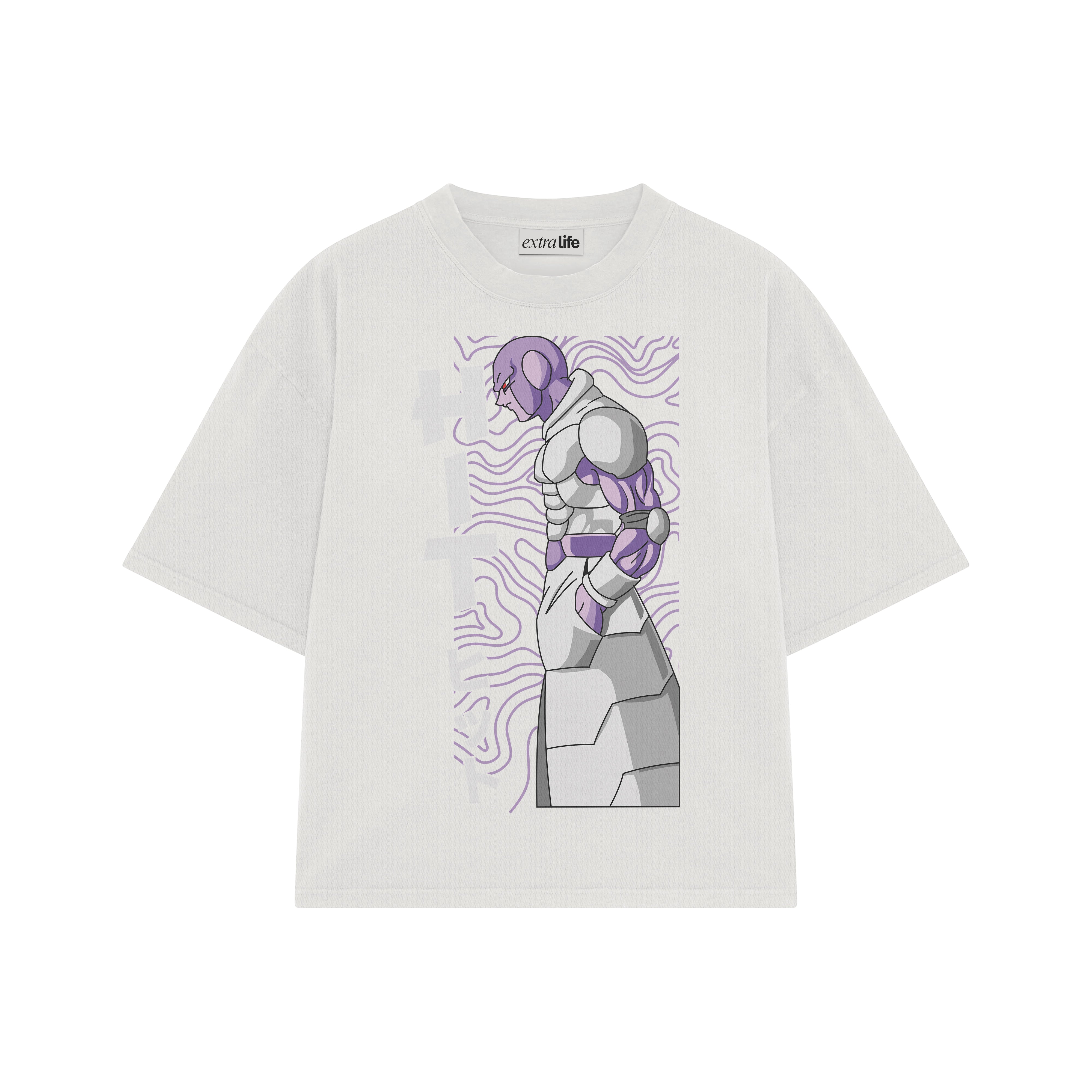 Playera streetwear premium de anime y gaming ExtraLife MX, corte boxy oversized drop shoulder heavyweight en color Deep Black y Off-White, moda urbana mexicana de culto.