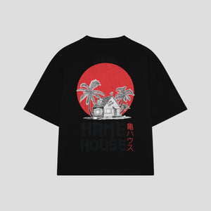 Playera streetwear premium de anime y gaming ExtraLife MX, corte boxy oversized drop shoulder heavyweight en color Deep Black y Off-White, moda urbana mexicana de culto.