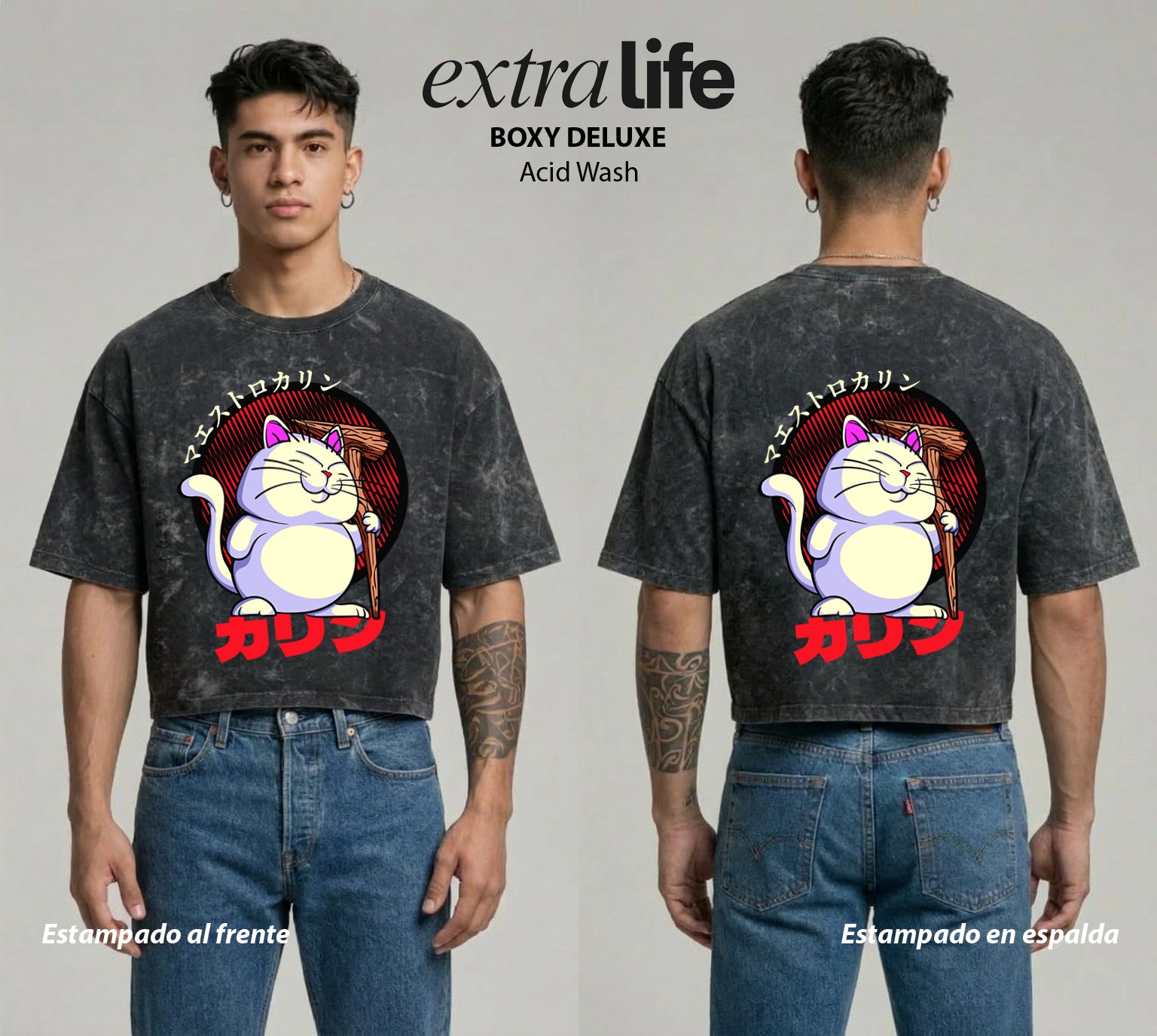 Playera streetwear premium de anime y gaming ExtraLife MX, corte boxy deluxe mineral wash heavyweight en color Acid Wash, moda urbana mexicana de culto.