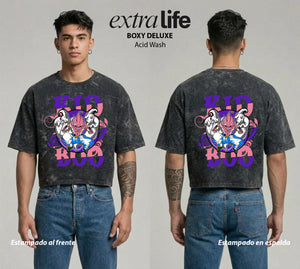 Playera streetwear premium de anime y gaming ExtraLife MX, corte boxy deluxe mineral wash heavyweight en color Acid Wash, moda urbana mexicana de culto.