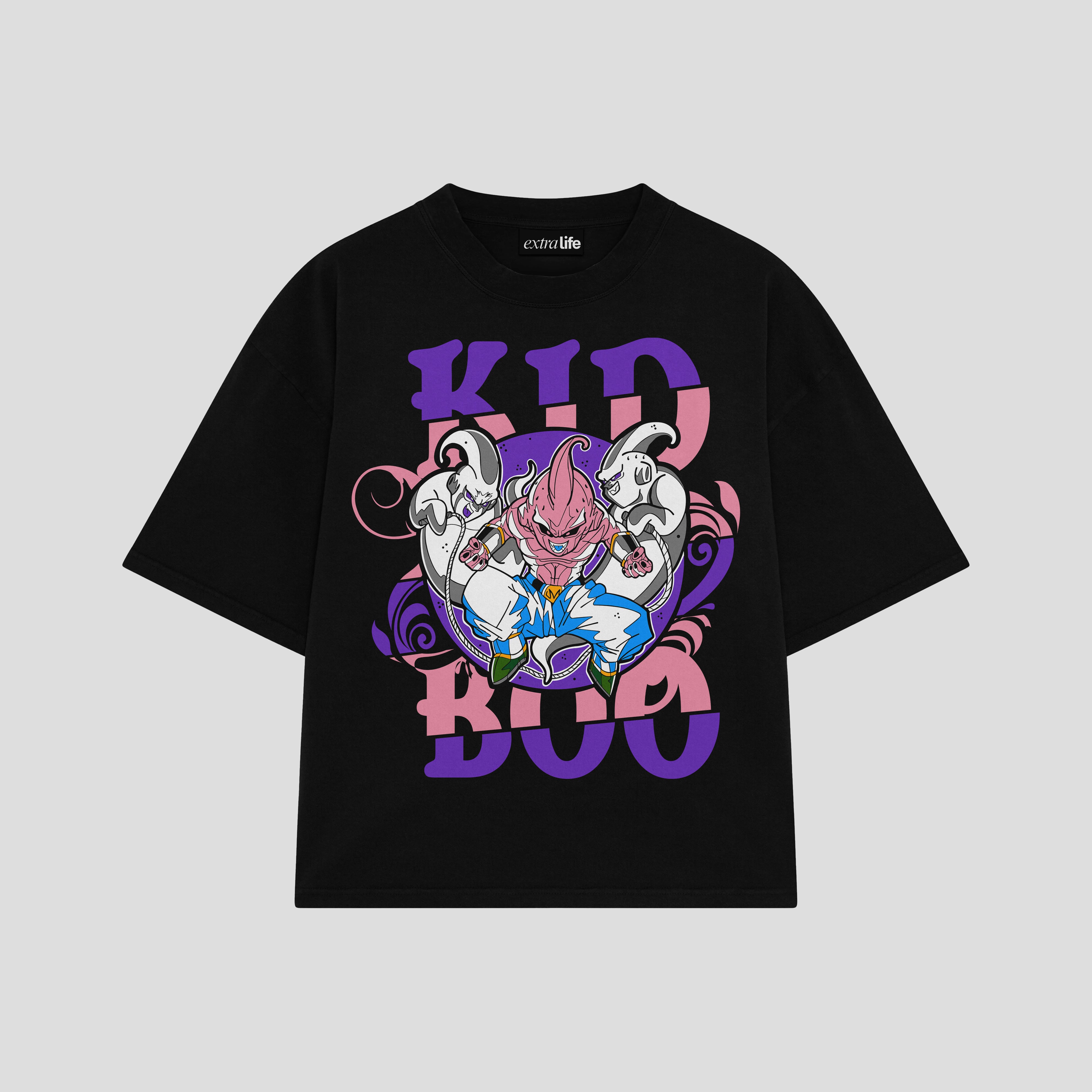 Playera streetwear premium de anime y gaming ExtraLife MX, corte boxy oversized drop shoulder heavyweight en color Deep Black y Off-White, moda urbana mexicana de culto.