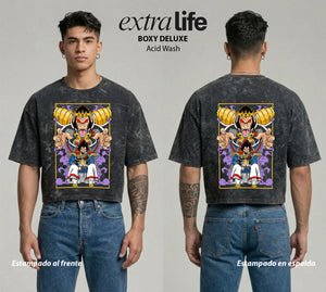 Playera streetwear premium de anime y gaming ExtraLife MX, corte boxy deluxe mineral wash heavyweight en color Acid Wash, moda urbana mexicana de culto.